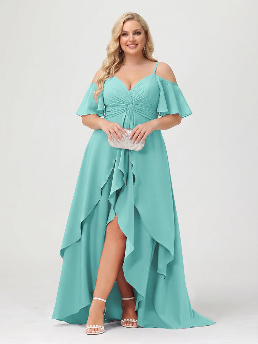 A-Line/Princess Spaghetti Straps Half Sleeves V-Neck Plus Size Bridesmaid Dresses With Ruffles Spa