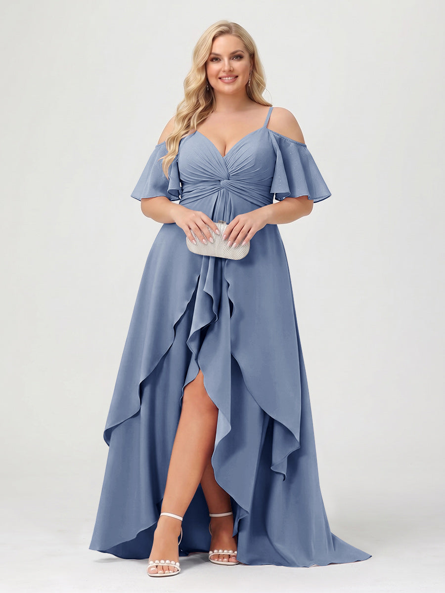 A-Line/Princess Spaghetti Straps Half Sleeves V-Neck Plus Size Bridesmaid Dresses With Ruffles Steel Blue