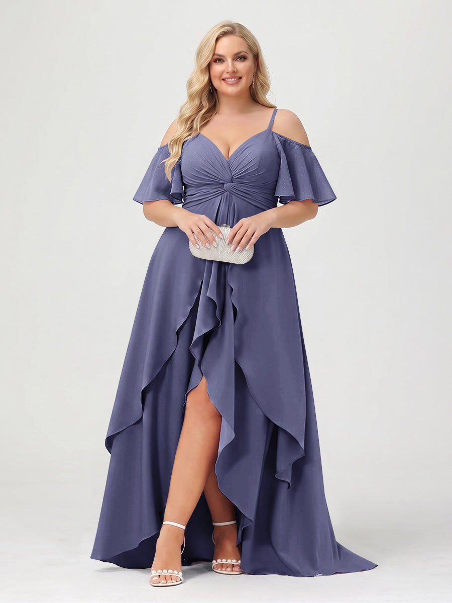 A-Line/Princess Spaghetti Straps Half Sleeves V-Neck Plus Size Bridesmaid Dresses With Ruffles Stormy Blue