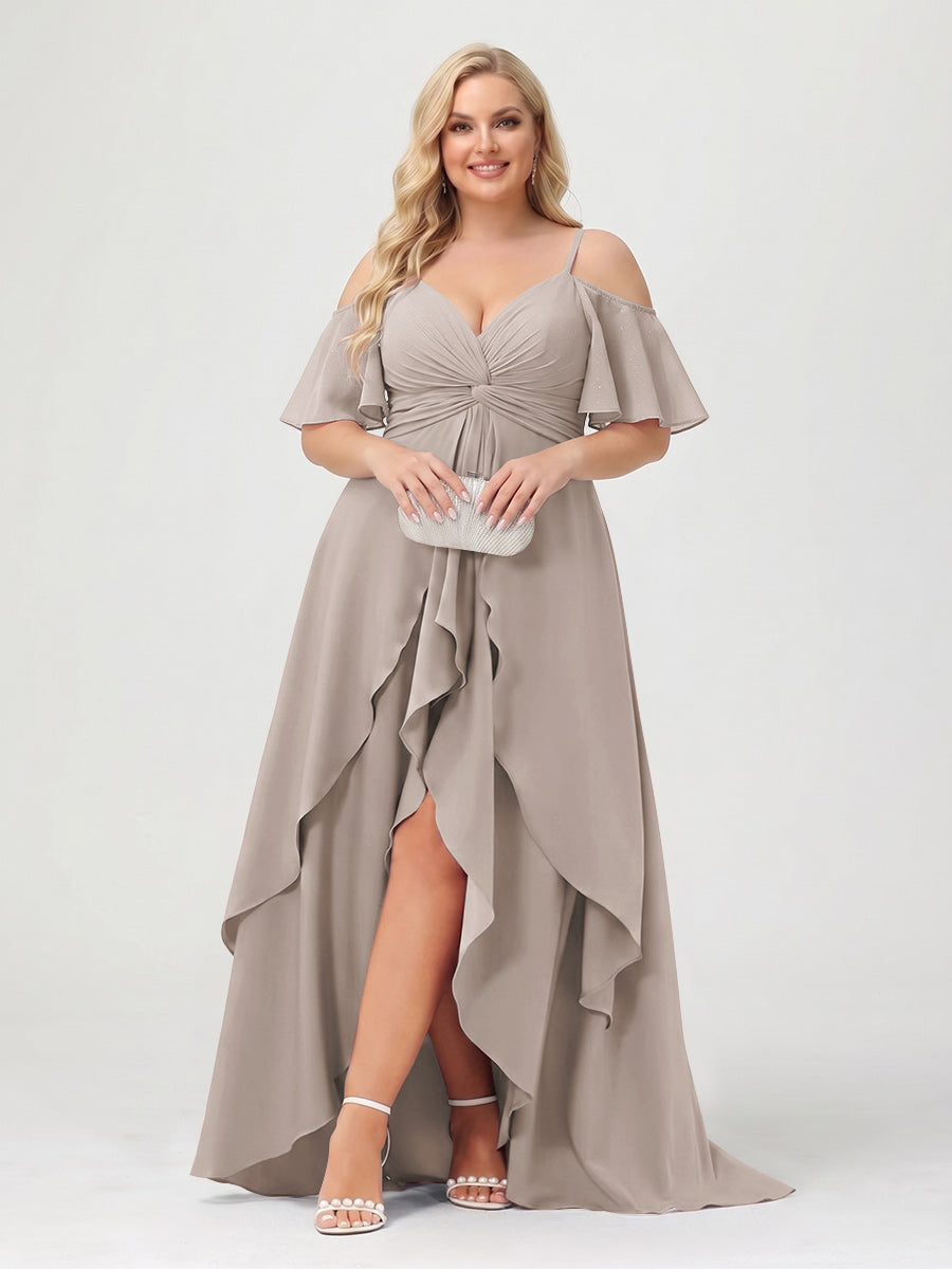 A-Line/Princess Spaghetti Straps Half Sleeves V-Neck Plus Size Bridesmaid Dresses With Ruffles Taupe