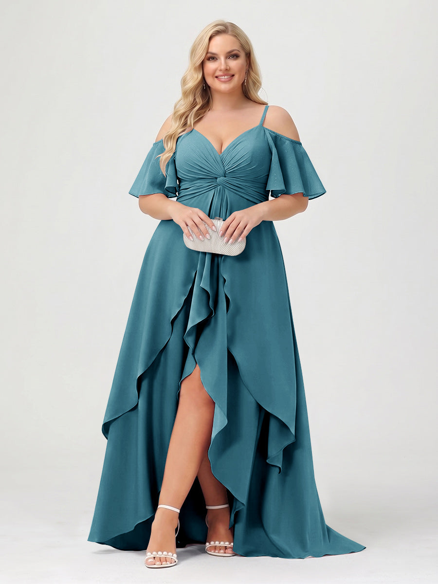 A-Line/Princess Spaghetti Straps Half Sleeves V-Neck Plus Size Bridesmaid Dresses With Ruffles Teal