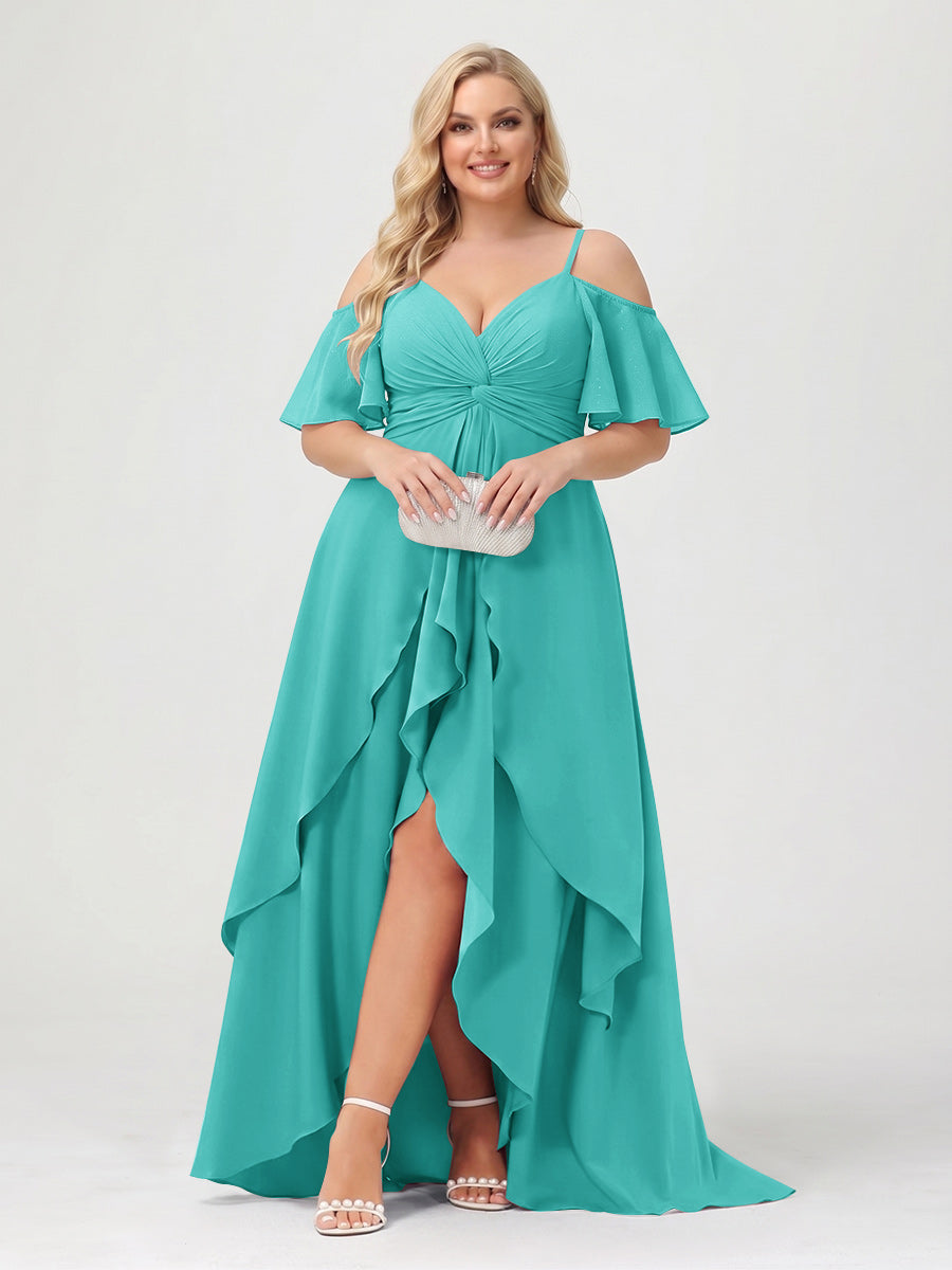 A-Line/Princess Spaghetti Straps Half Sleeves V-Neck Plus Size Bridesmaid Dresses With Ruffles Turquoise