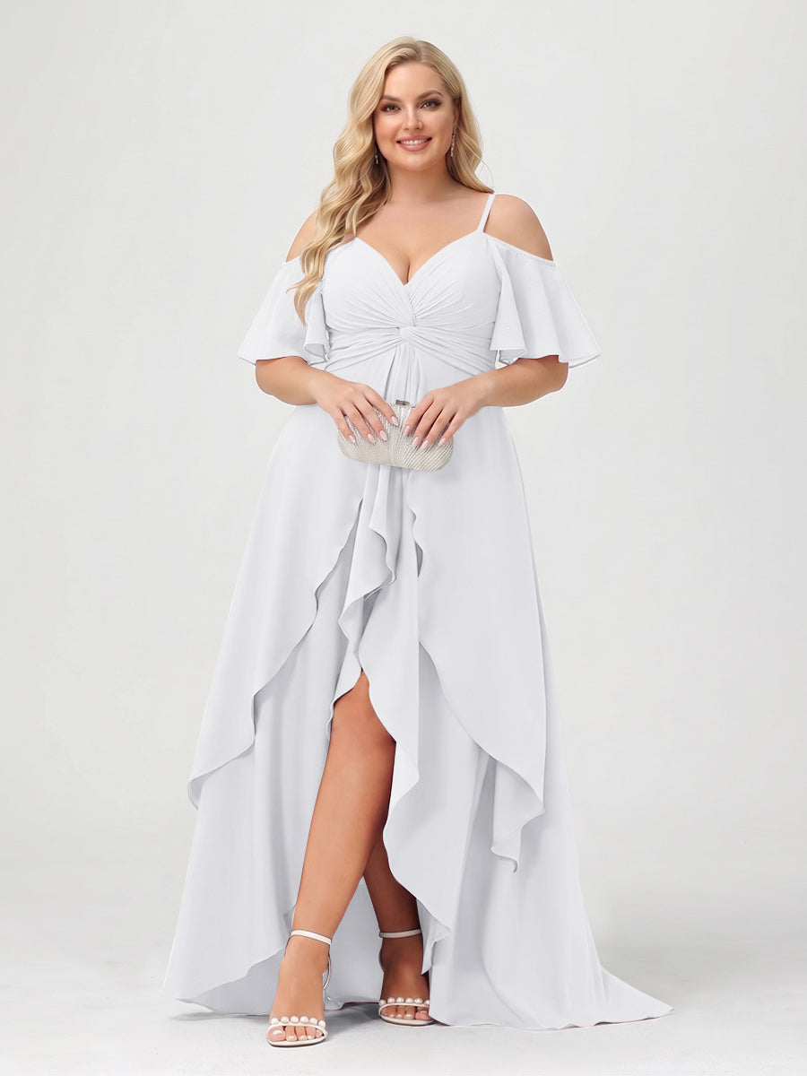 A-Line/Princess Spaghetti Straps Half Sleeves V-Neck Plus Size Bridesmaid Dresses With Ruffles White