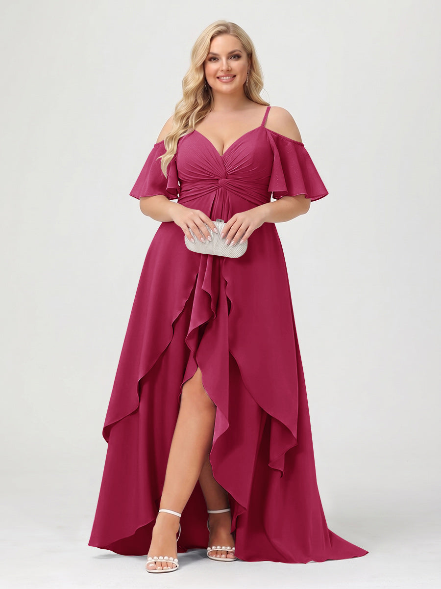 A-Line/Princess Spaghetti Straps Half Sleeves V-Neck Plus Size Bridesmaid Dresses With Ruffles Wine Red