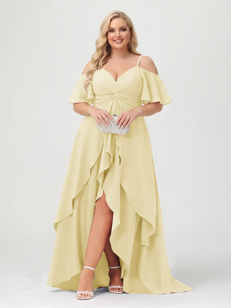 A-Line/Princess Spaghetti Straps Half Sleeves V-Neck Plus Size Bridesmaid Dresses With Ruffles Yellow