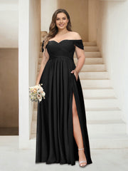 A-Line/Princess Off-the-Shoulder Sleeveless Chiffon Plus Size Bridesmaid Dresses with Pockets Black