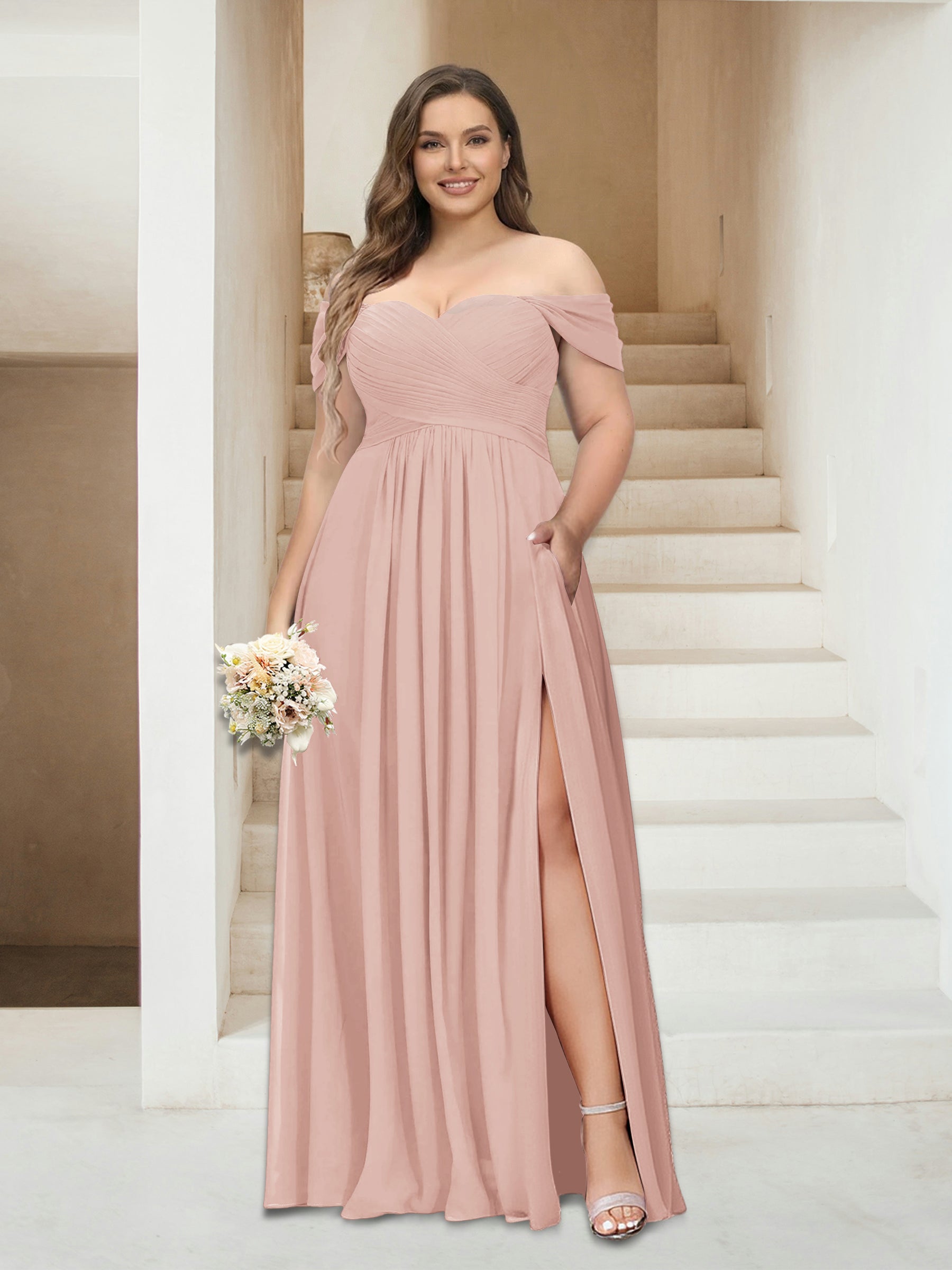A-Line/Princess Off-the-Shoulder Sleeveless Chiffon Plus Size Bridesmaid Dresses with Pockets Blush Pink