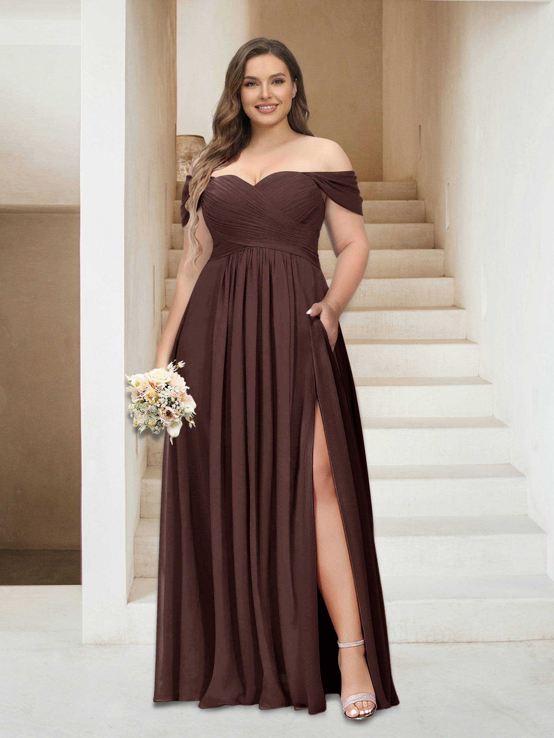 A-Line/Princess Off-the-Shoulder Sleeveless Chiffon Plus Size Bridesmaid Dresses with Pockets Brown
