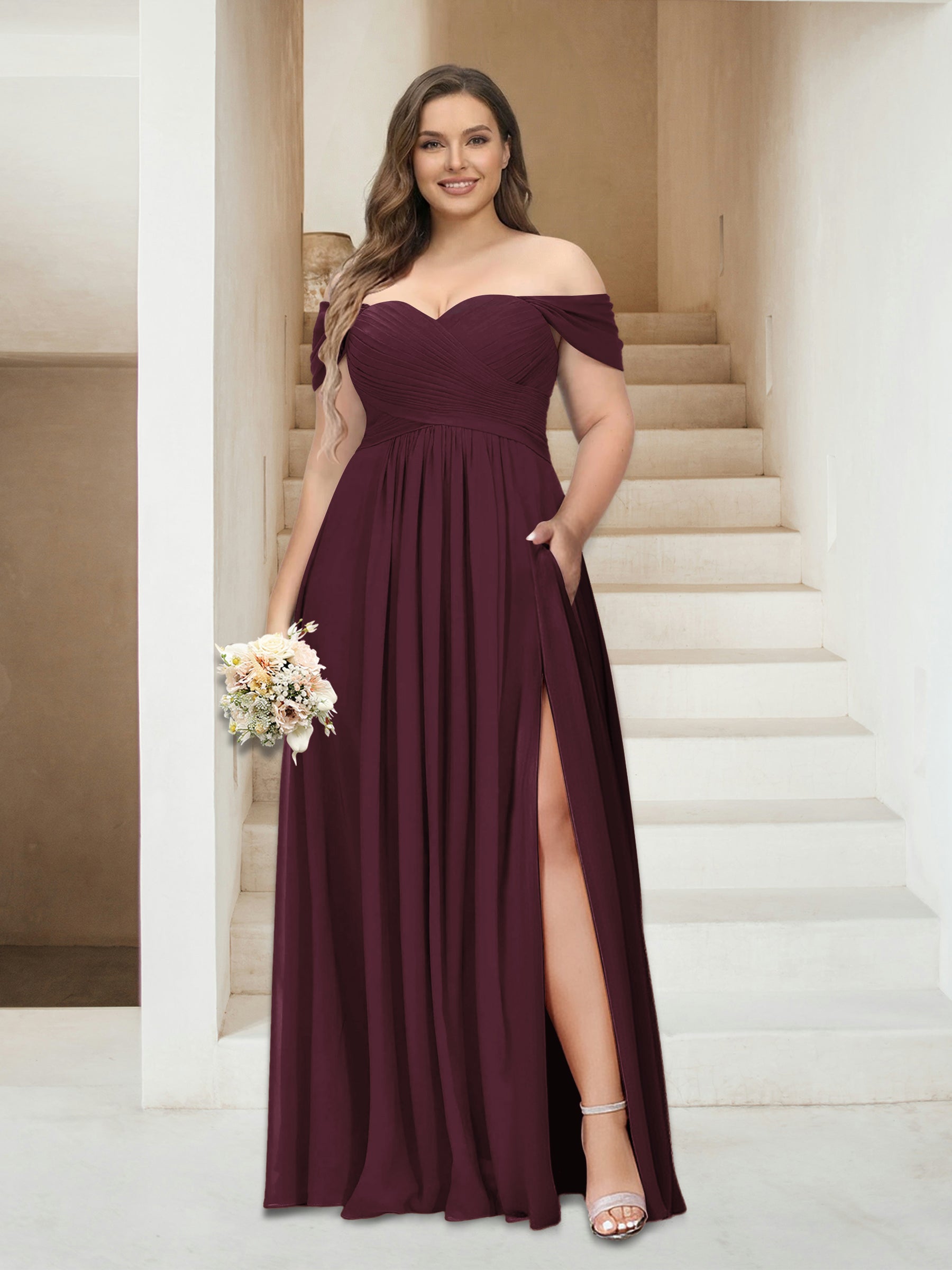 A-Line/Princess Off-the-Shoulder Sleeveless Chiffon Plus Size Bridesmaid Dresses with Pockets Burgundy