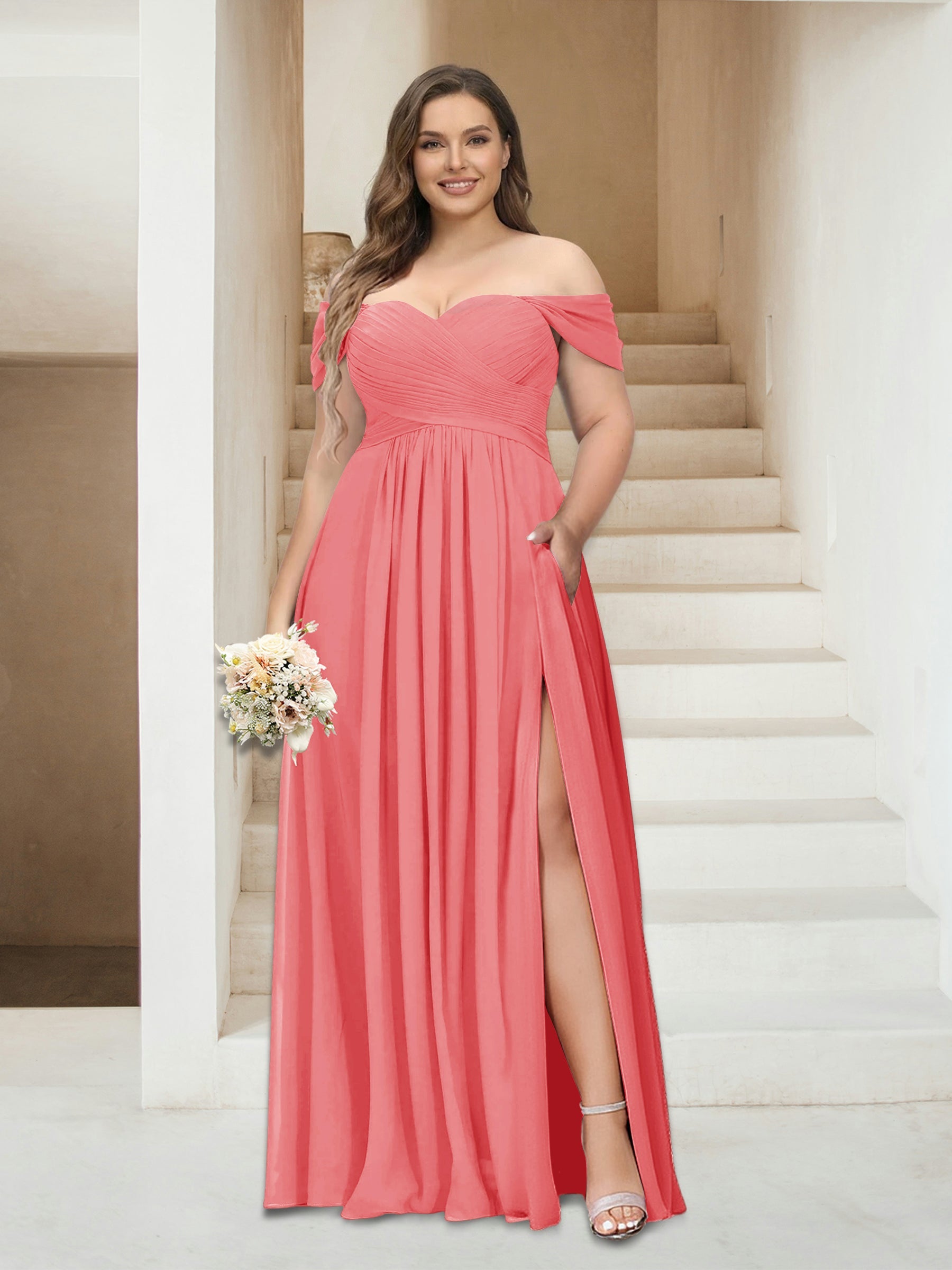 A-Line/Princess Off-the-Shoulder Sleeveless Chiffon Plus Size Bridesmaid Dresses with Pockets Coral