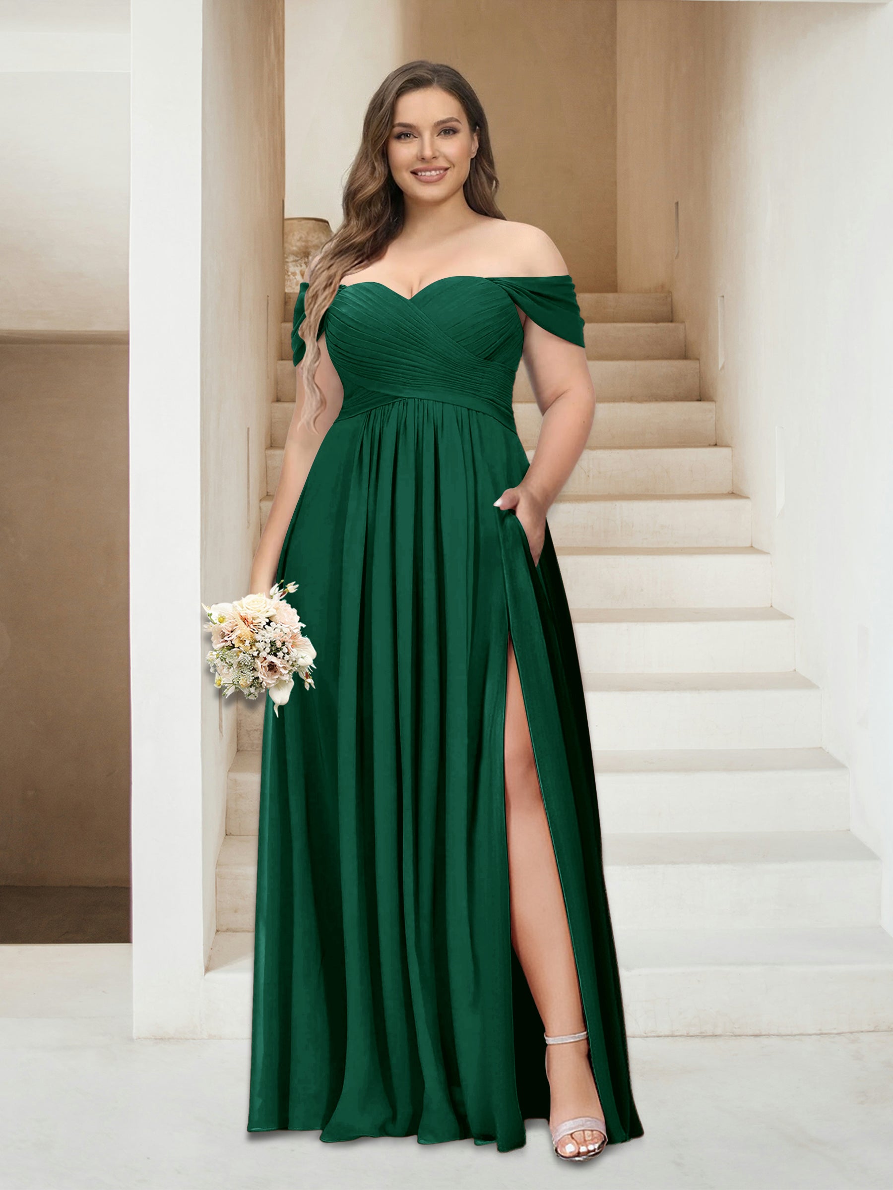 A-Line/Princess Off-the-Shoulder Sleeveless Chiffon Plus Size Bridesmaid Dresses with Pockets Dark Green