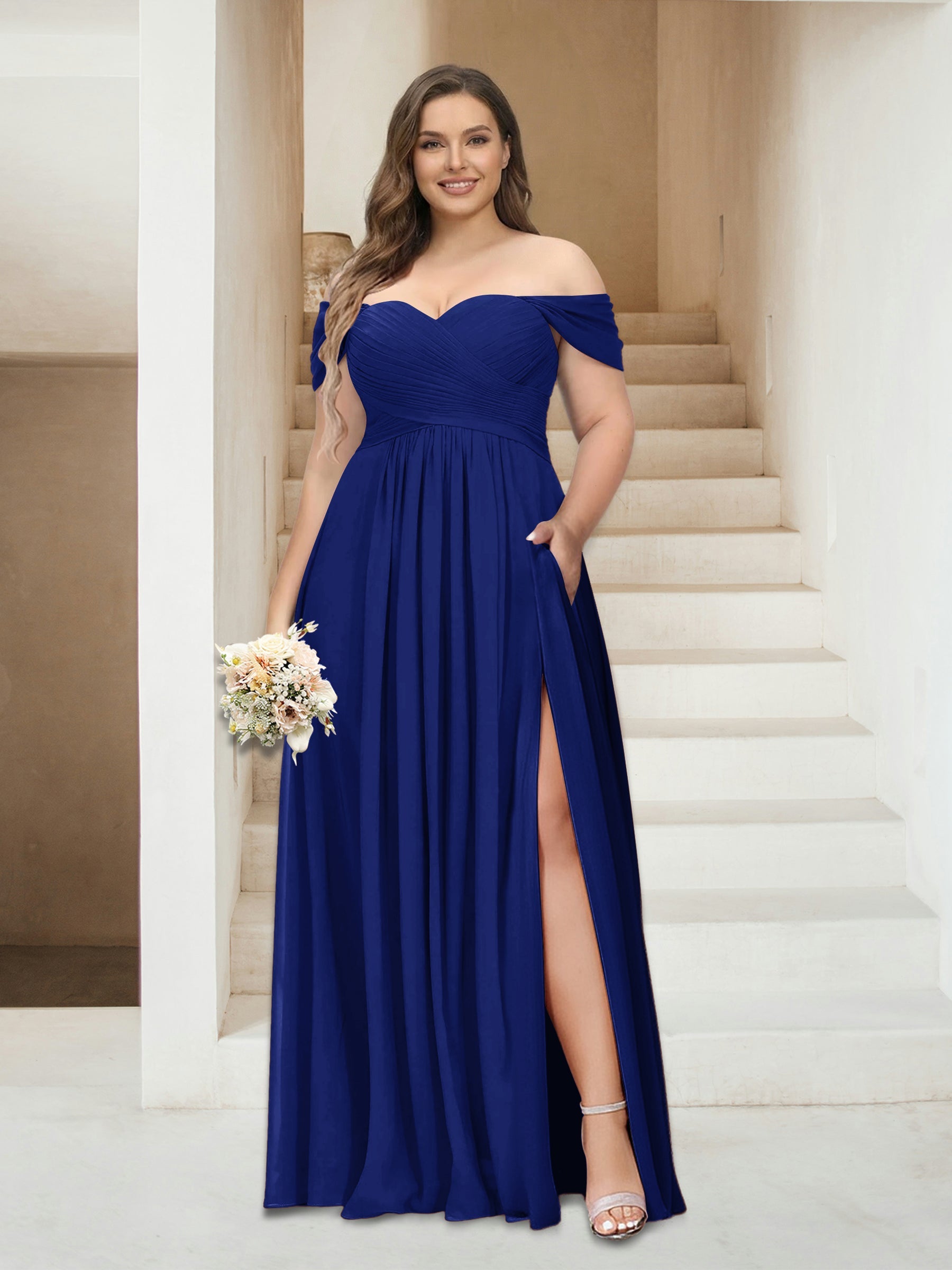 A-Line/Princess Off-the-Shoulder Sleeveless Chiffon Plus Size Bridesmaid Dresses with Pockets Dark Royal Blue