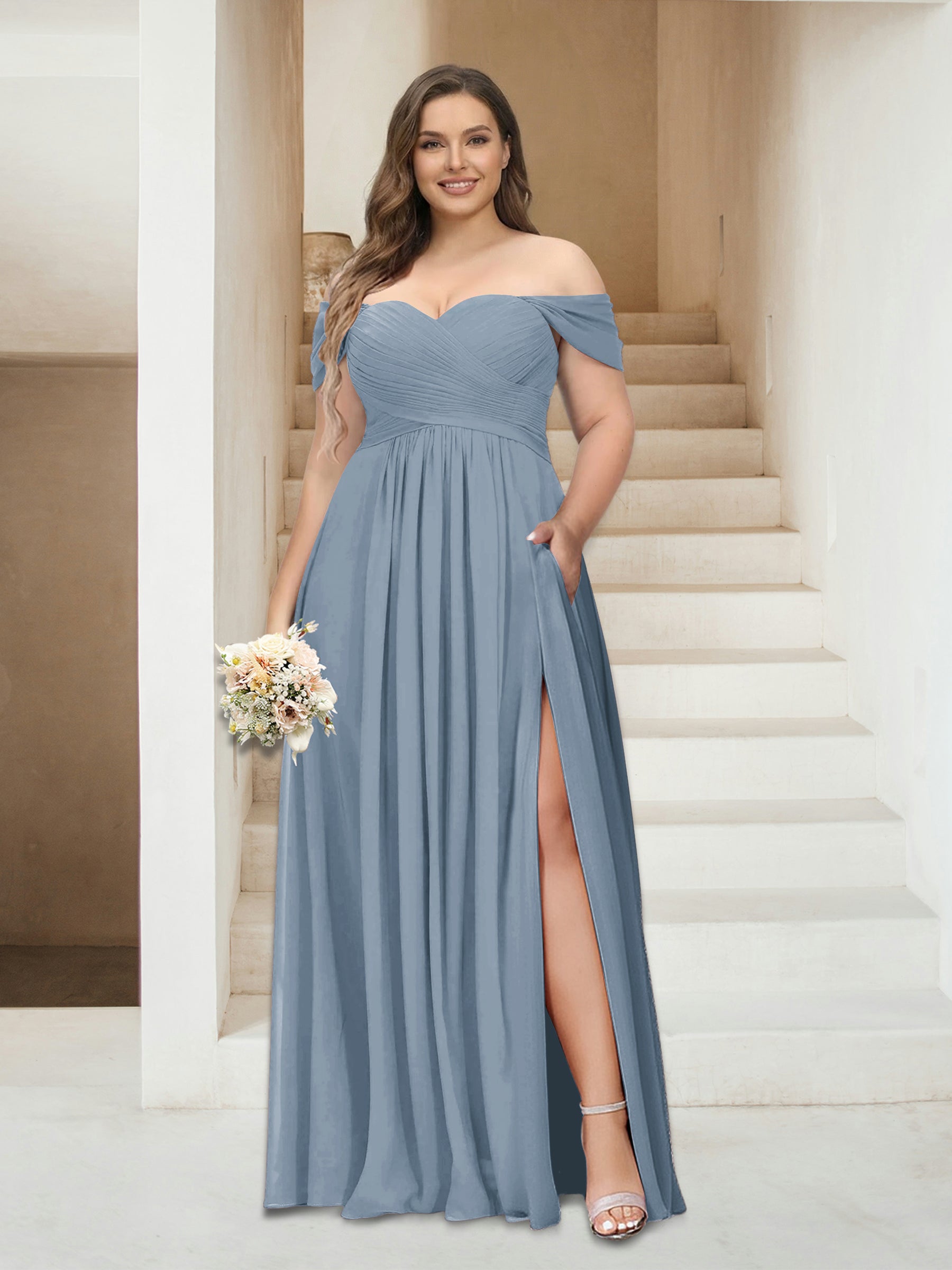 A-Line/Princess Off-the-Shoulder Sleeveless Chiffon Plus Size Bridesmaid Dresses with Pockets Dusty Blue