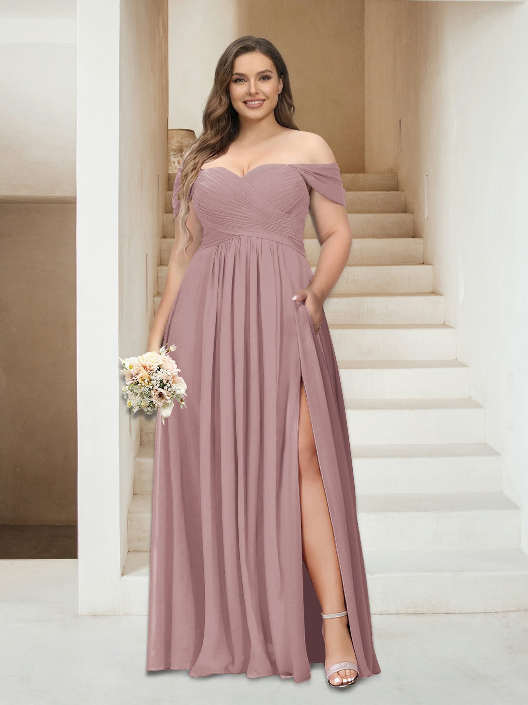 A-Line/Princess Off-the-Shoulder Sleeveless Chiffon Plus Size Bridesmaid Dresses with Pockets Dusty Pink