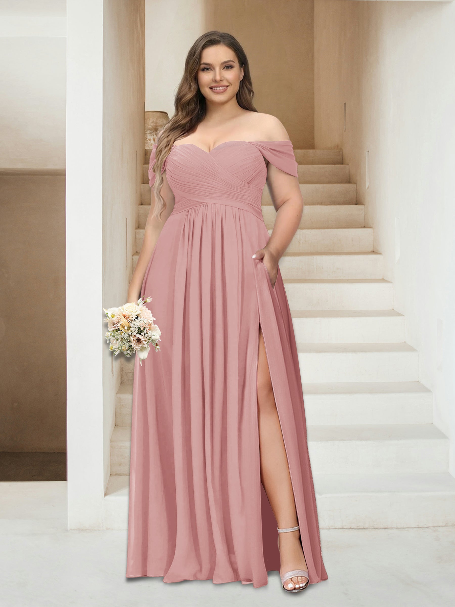 A-Line/Princess Off-the-Shoulder Sleeveless Chiffon Plus Size Bridesmaid Dresses with Pockets Dusty Rose