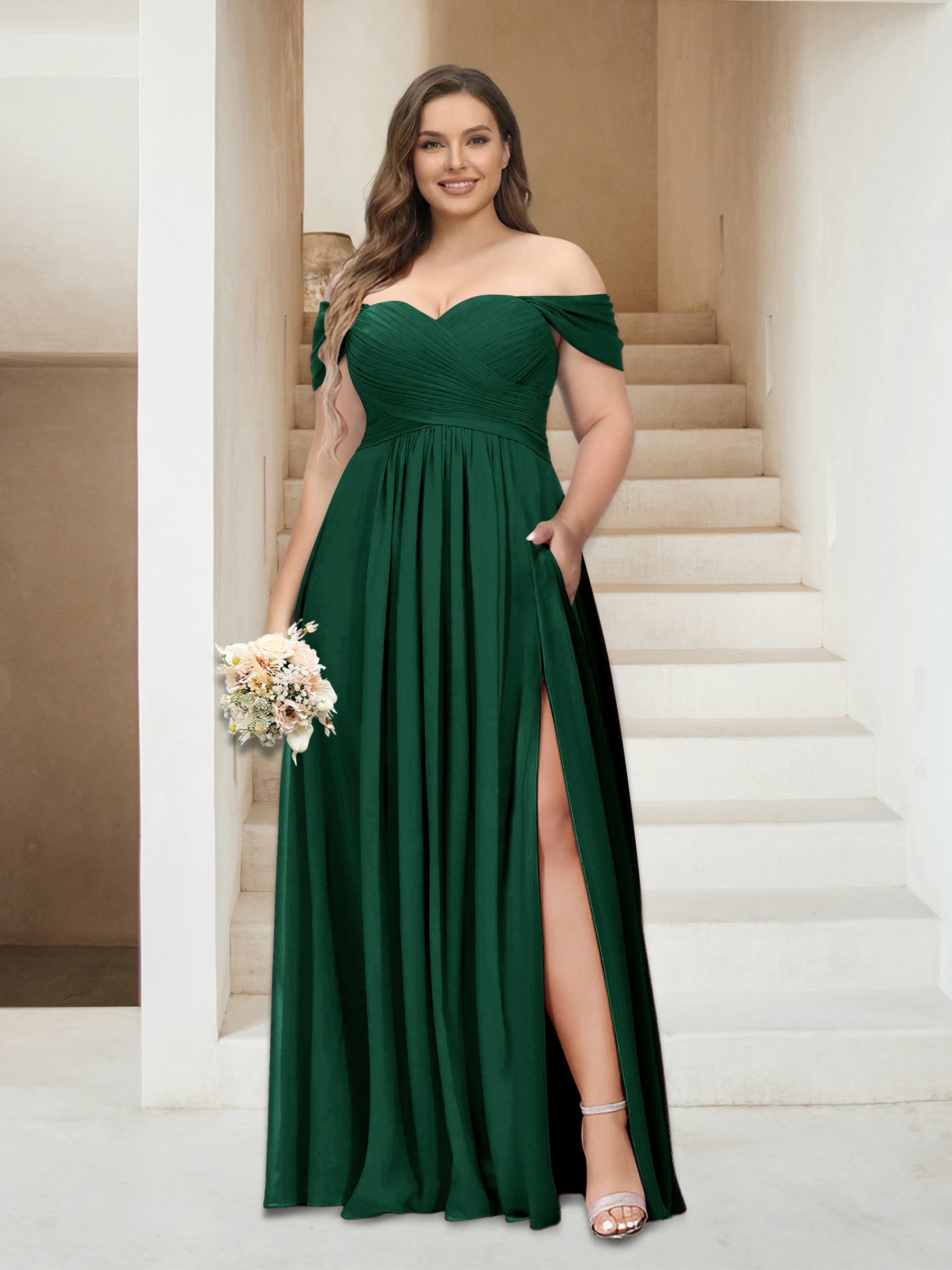 A-Line/Princess Off-the-Shoulder Sleeveless Chiffon Plus Size Bridesmaid Dresses with Pockets Emerald