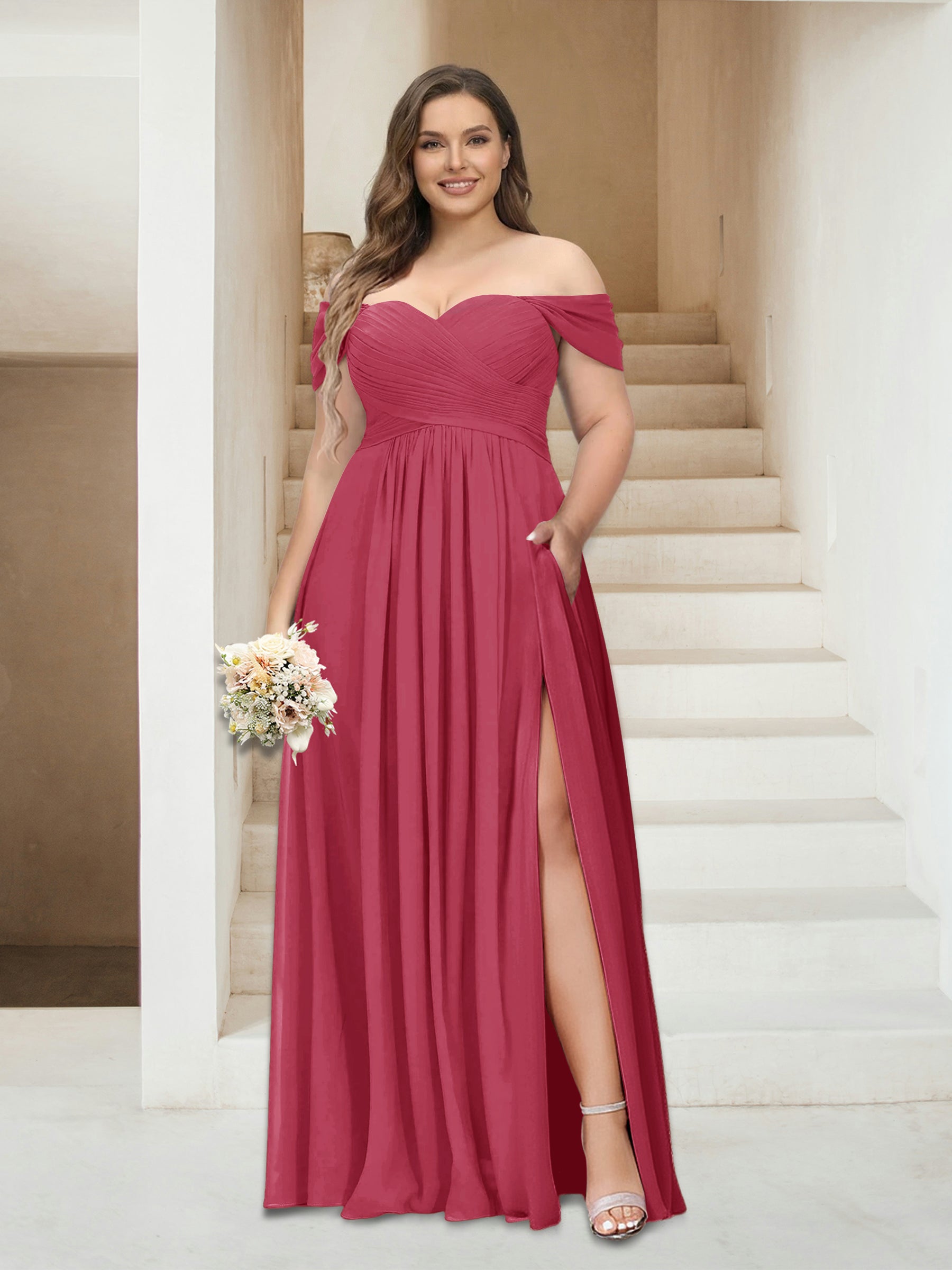 A-Line/Princess Off-the-Shoulder Sleeveless Chiffon Plus Size Bridesmaid Dresses with Pockets Fuchsia