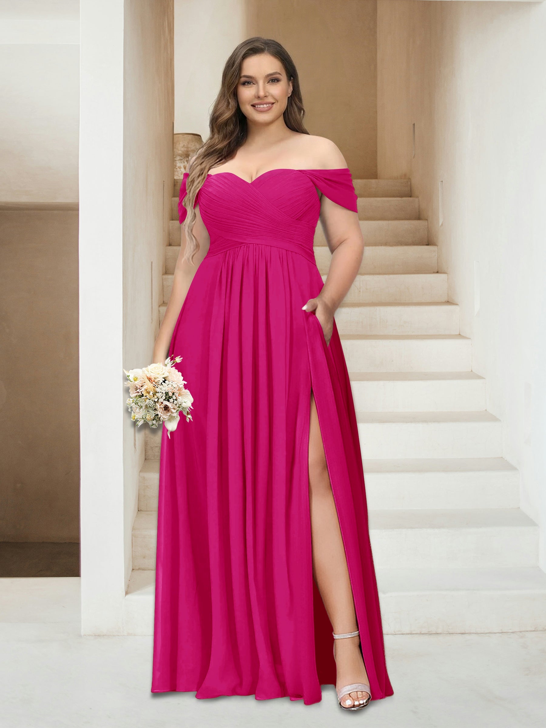 A-Line/Princess Off-the-Shoulder Sleeveless Chiffon Plus Size Bridesmaid Dresses with Pockets Fuchsia Pink