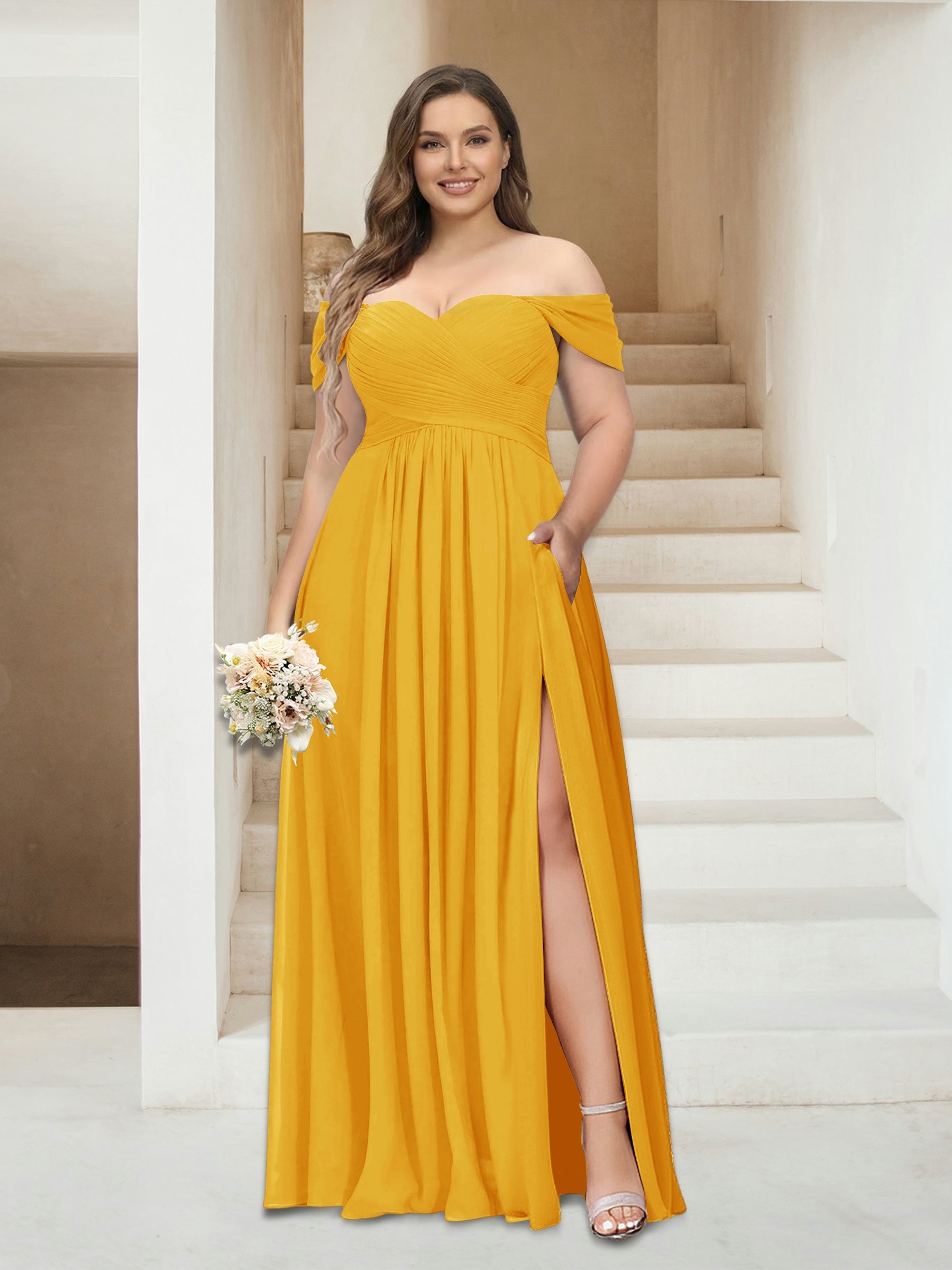 A-Line/Princess Off-the-Shoulder Sleeveless Chiffon Plus Size Bridesmaid Dresses with Pockets Gold