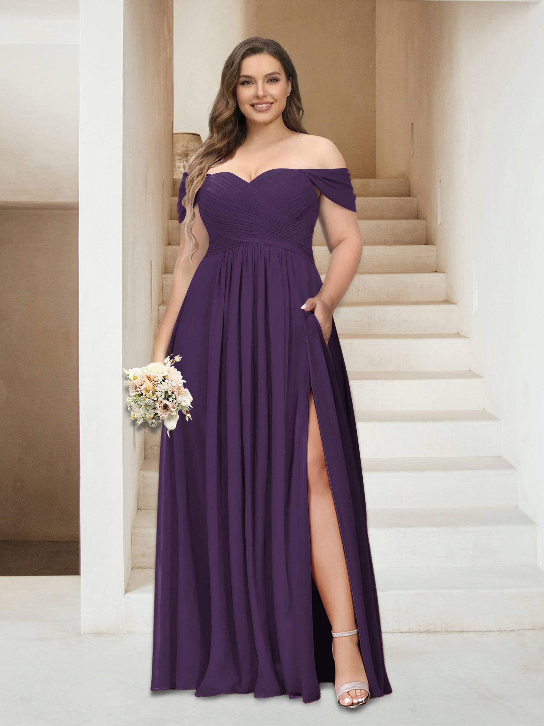 A-Line/Princess Off-the-Shoulder Sleeveless Chiffon Plus Size Bridesmaid Dresses with Pockets Grape