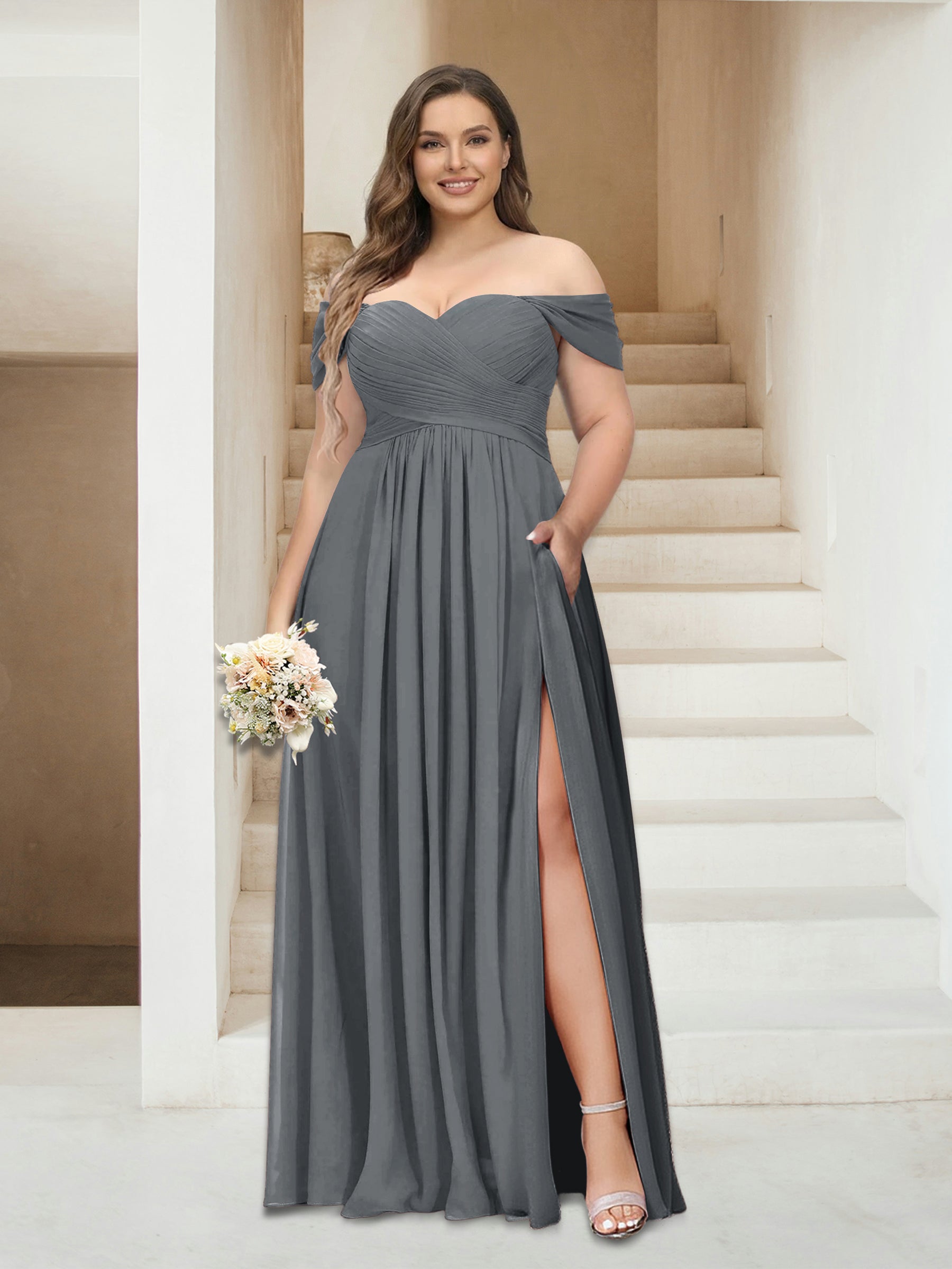 A-Line/Princess Off-the-Shoulder Sleeveless Chiffon Plus Size Bridesmaid Dresses with Pockets Gray
