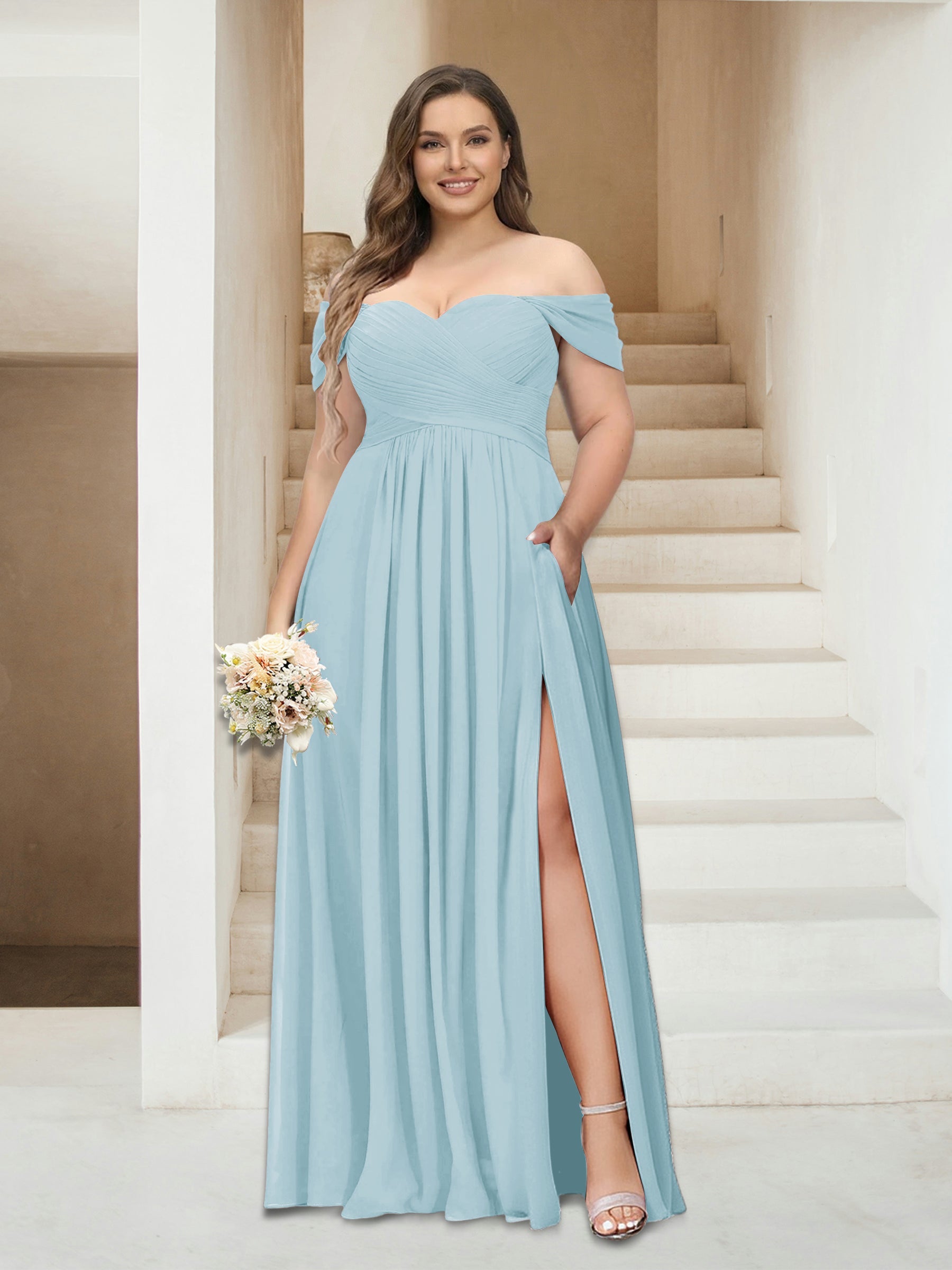 A-Line/Princess Off-the-Shoulder Sleeveless Chiffon Plus Size Bridesmaid Dresses with Pockets Light Blue