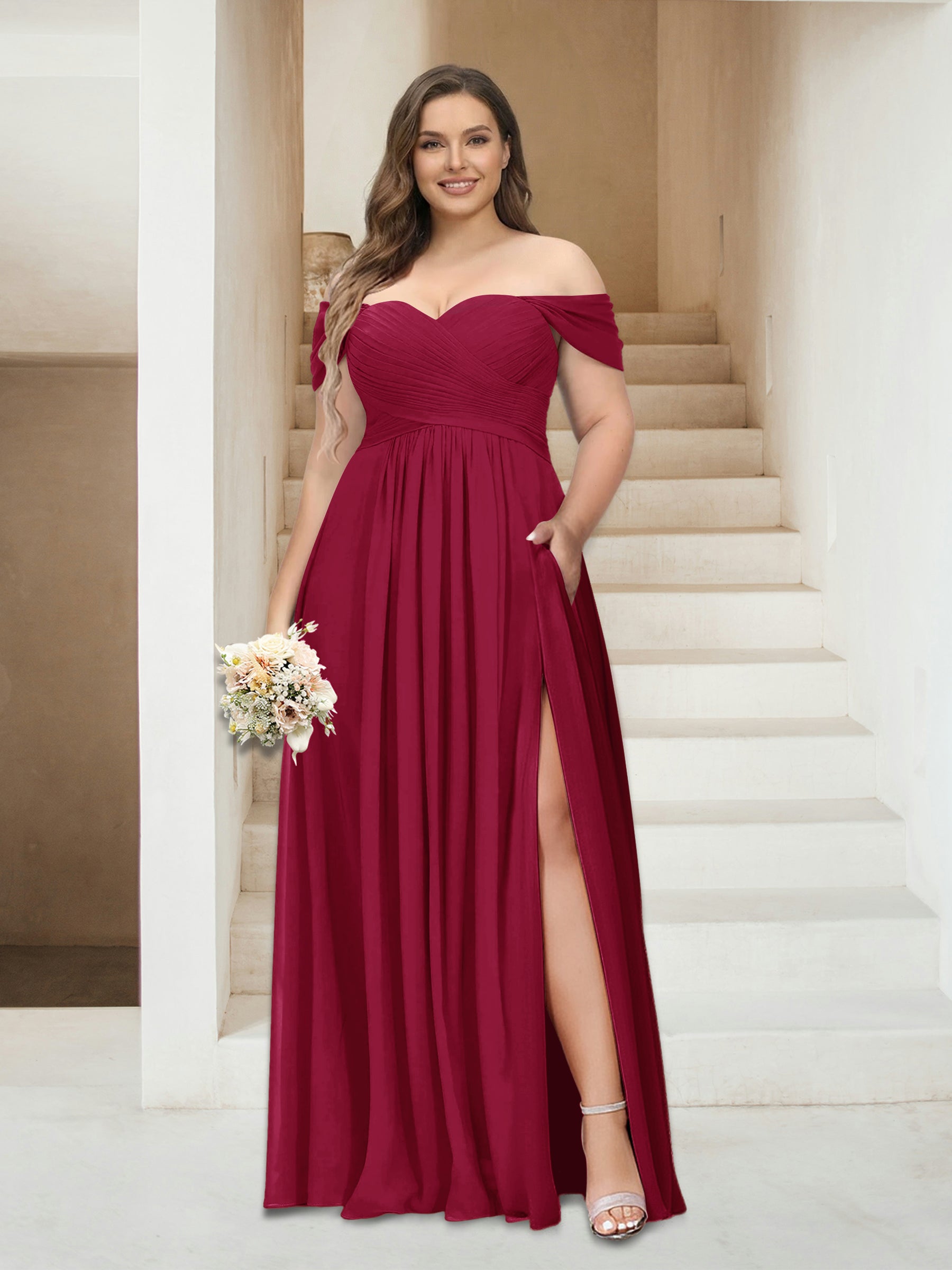 A-Line/Princess Off-the-Shoulder Sleeveless Chiffon Plus Size Bridesmaid Dresses with Pockets Wine Red