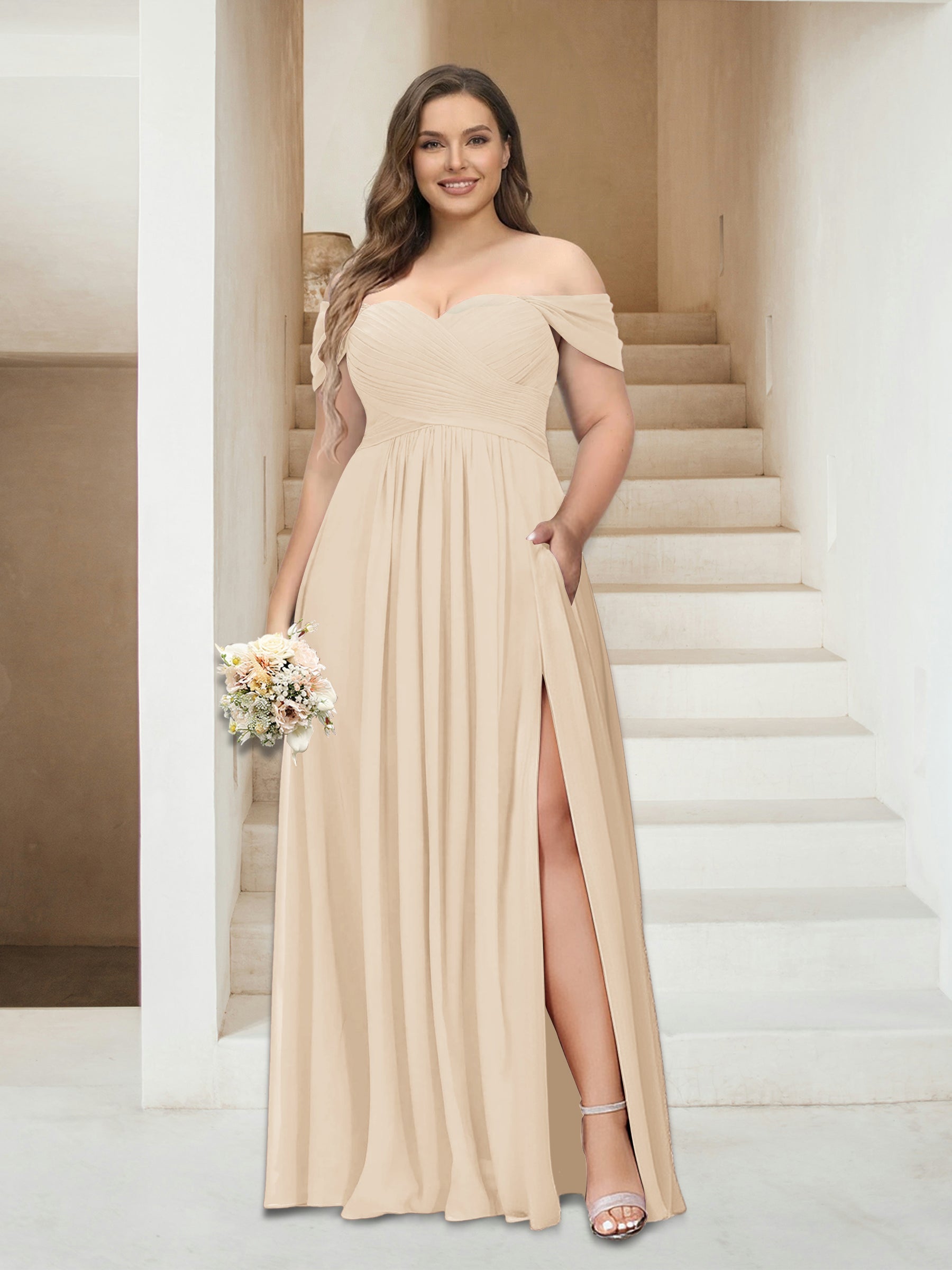 A-Line/Princess Off-the-Shoulder Sleeveless Chiffon Plus Size Bridesmaid Dresses with Pockets Light Champagne