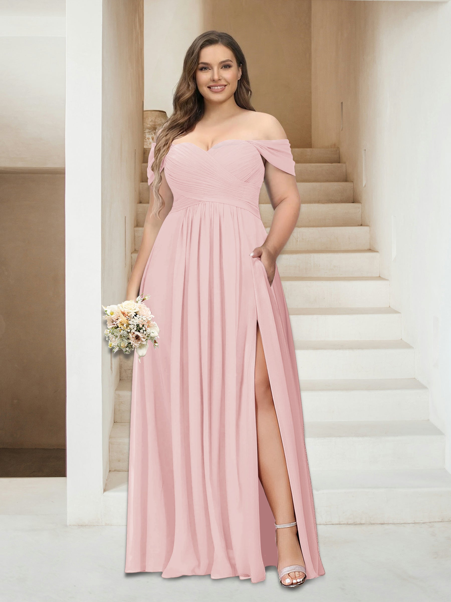 A-Line/Princess Off-the-Shoulder Sleeveless Chiffon Plus Size Bridesmaid Dresses with Pockets Light Pink