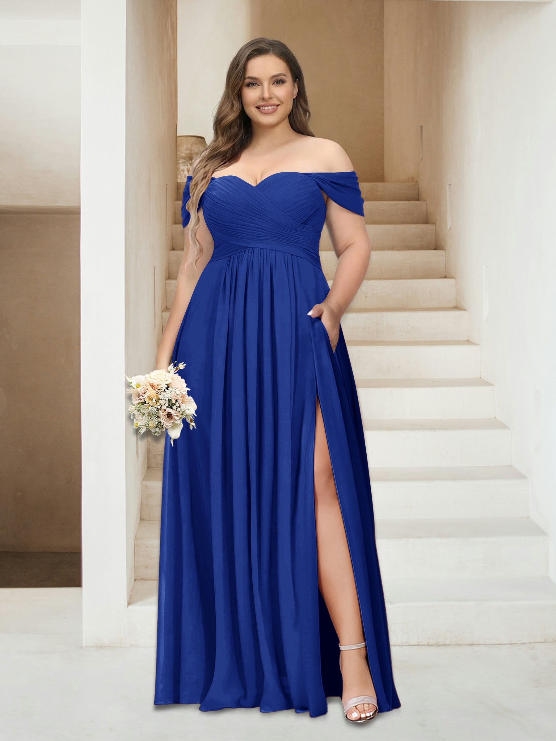 A-Line/Princess Off-the-Shoulder Sleeveless Chiffon Plus Size Bridesmaid Dresses with Pockets Light Royal Blue