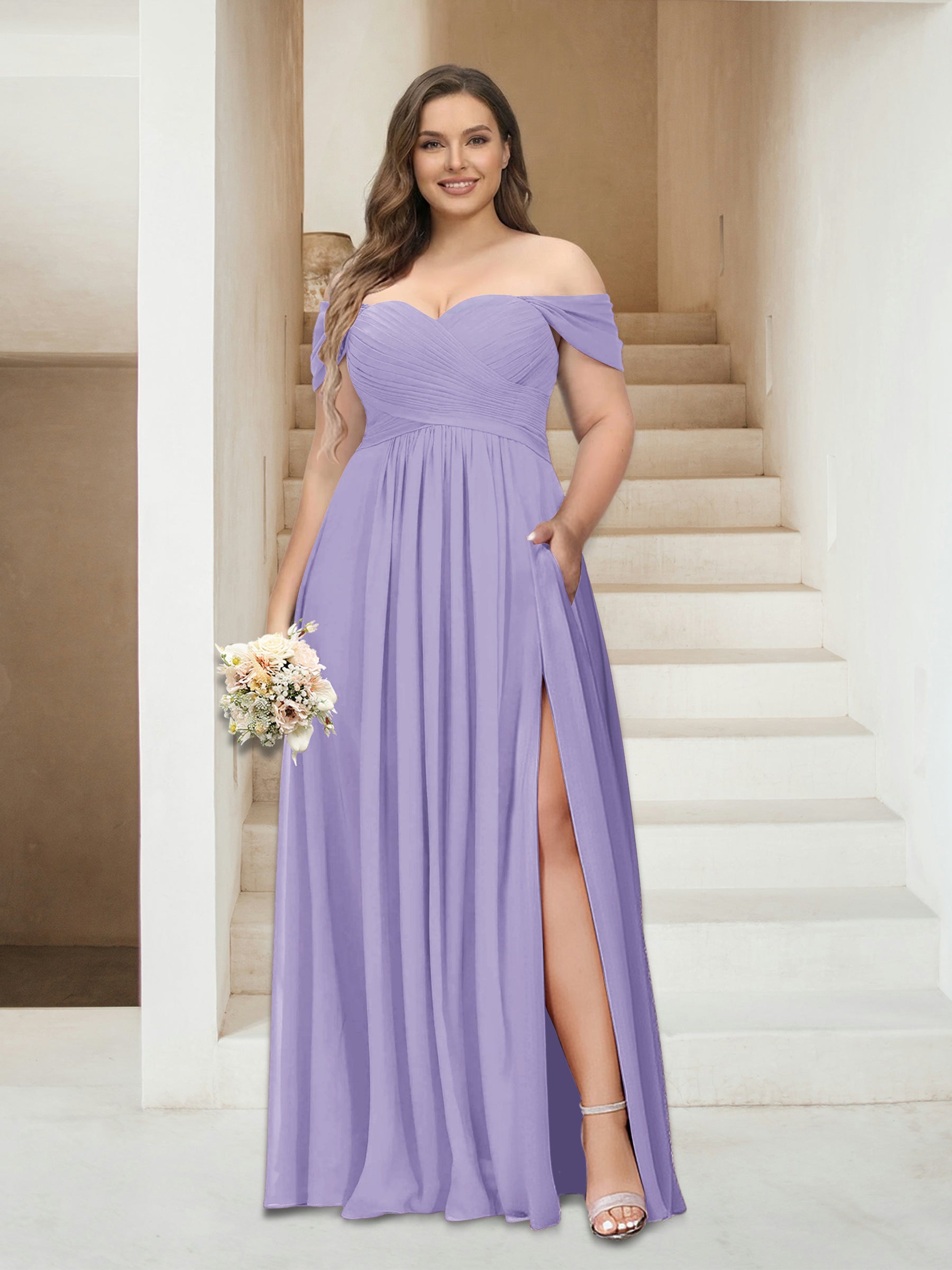 A-Line/Princess Off-the-Shoulder Sleeveless Chiffon Plus Size Bridesmaid Dresses with Pockets Lilac