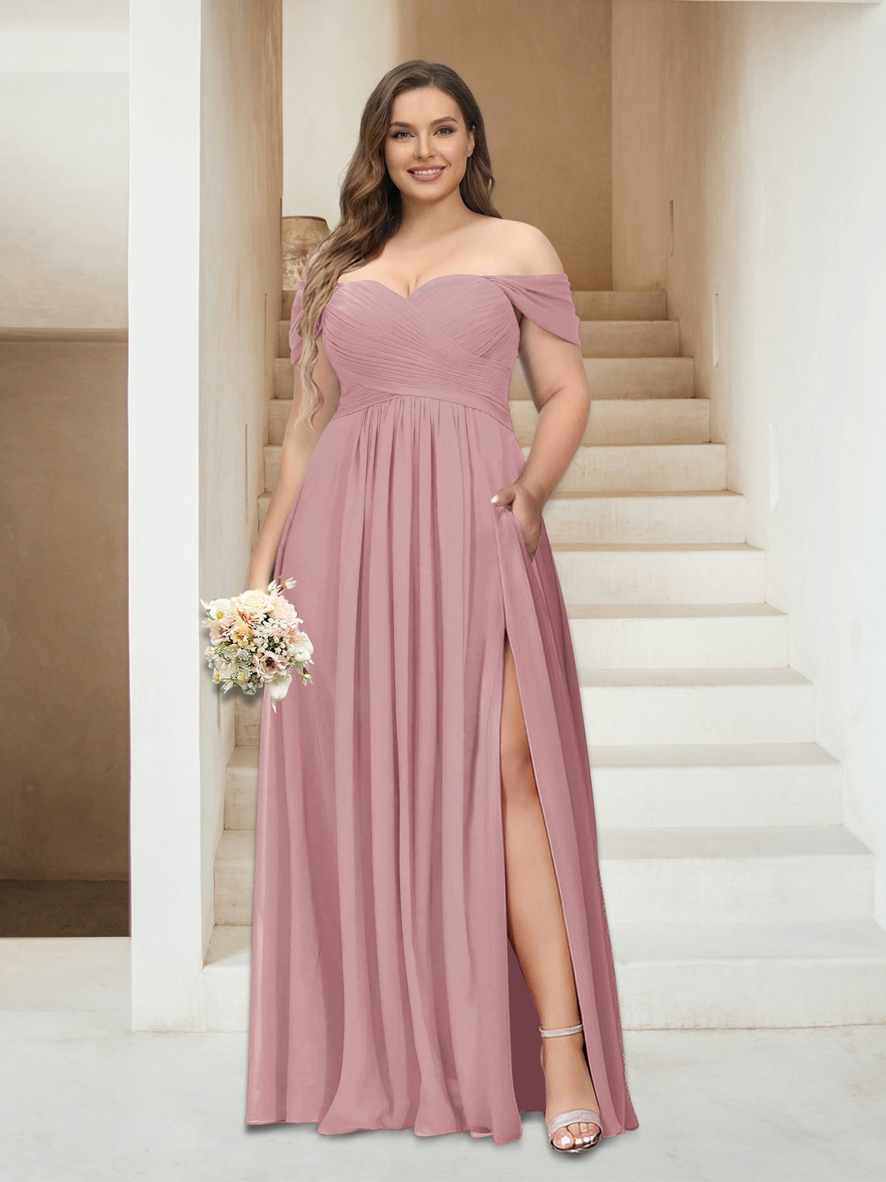 A-Line/Princess Off-the-Shoulder Sleeveless Chiffon Plus Size Bridesmaid Dresses with Pockets Mauve