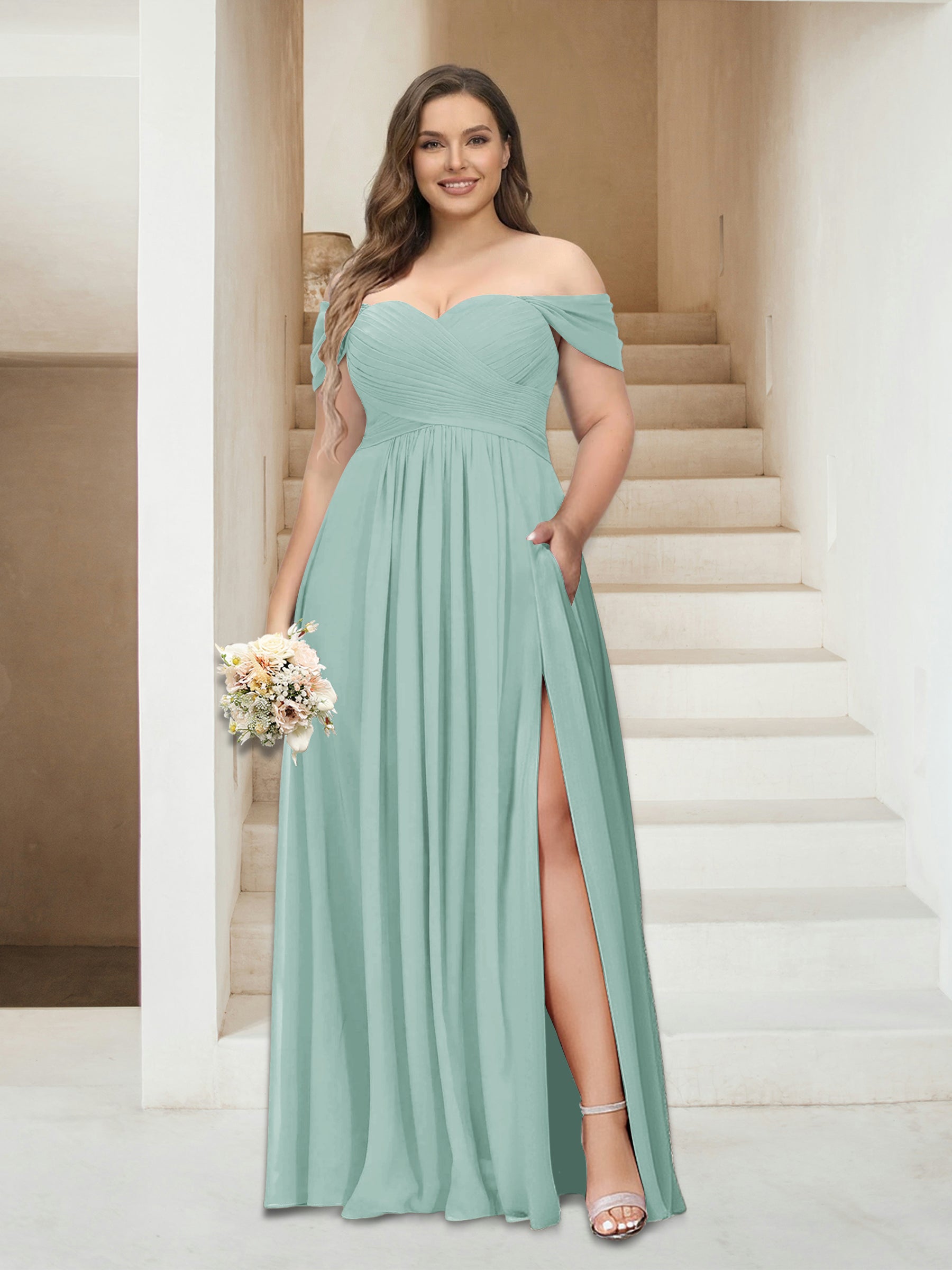 A-Line/Princess Off-the-Shoulder Sleeveless Chiffon Plus Size Bridesmaid Dresses with Pockets Mist Blue