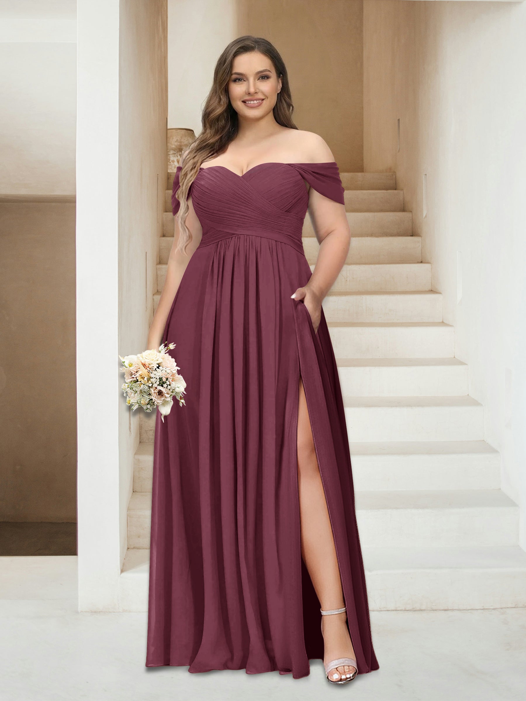A-Line/Princess Off-the-Shoulder Sleeveless Chiffon Plus Size Bridesmaid Dresses with Pockets Mulberry