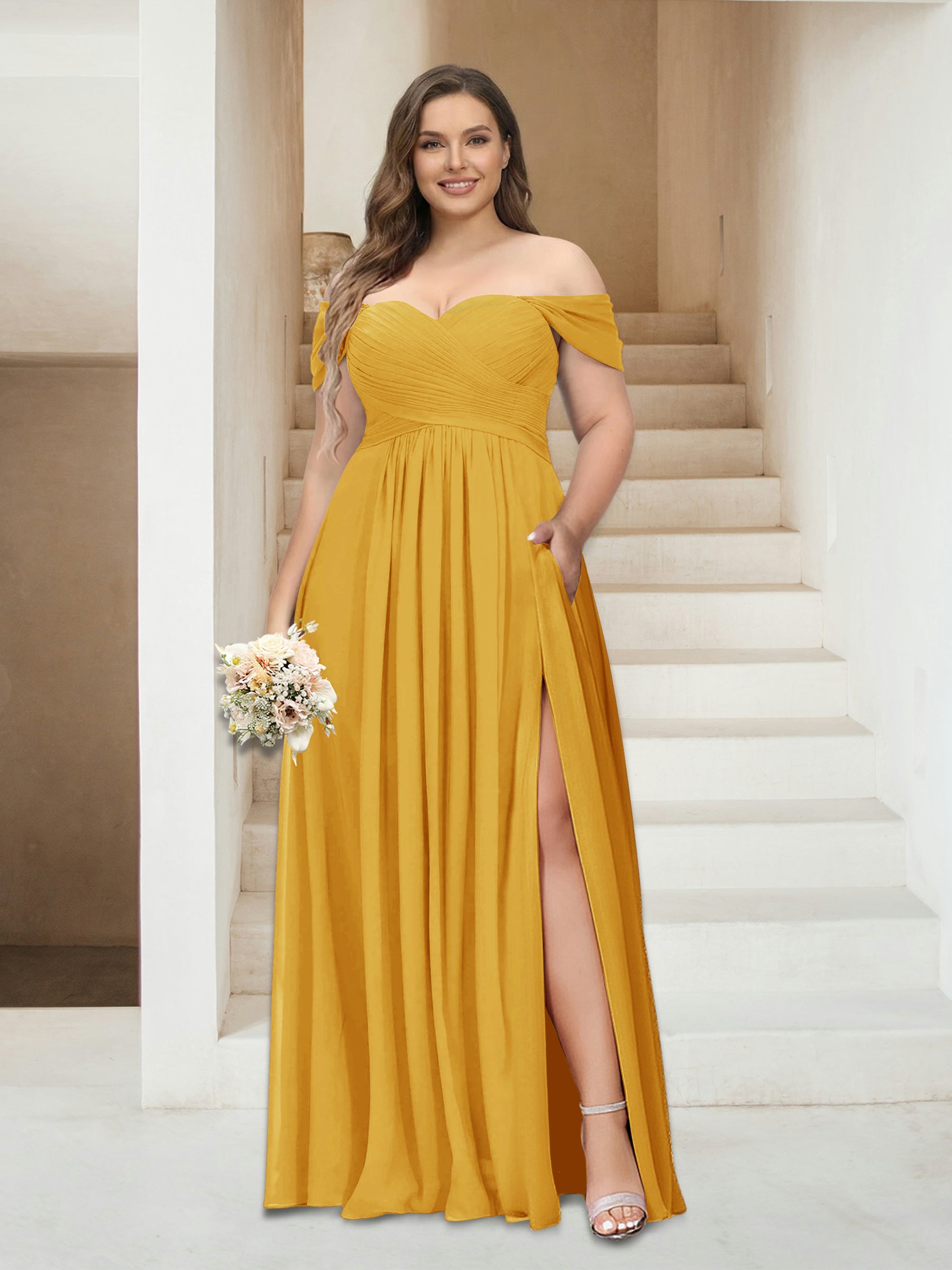 A-Line/Princess Off-the-Shoulder Sleeveless Chiffon Plus Size Bridesmaid Dresses with Pockets Mustard Yellow