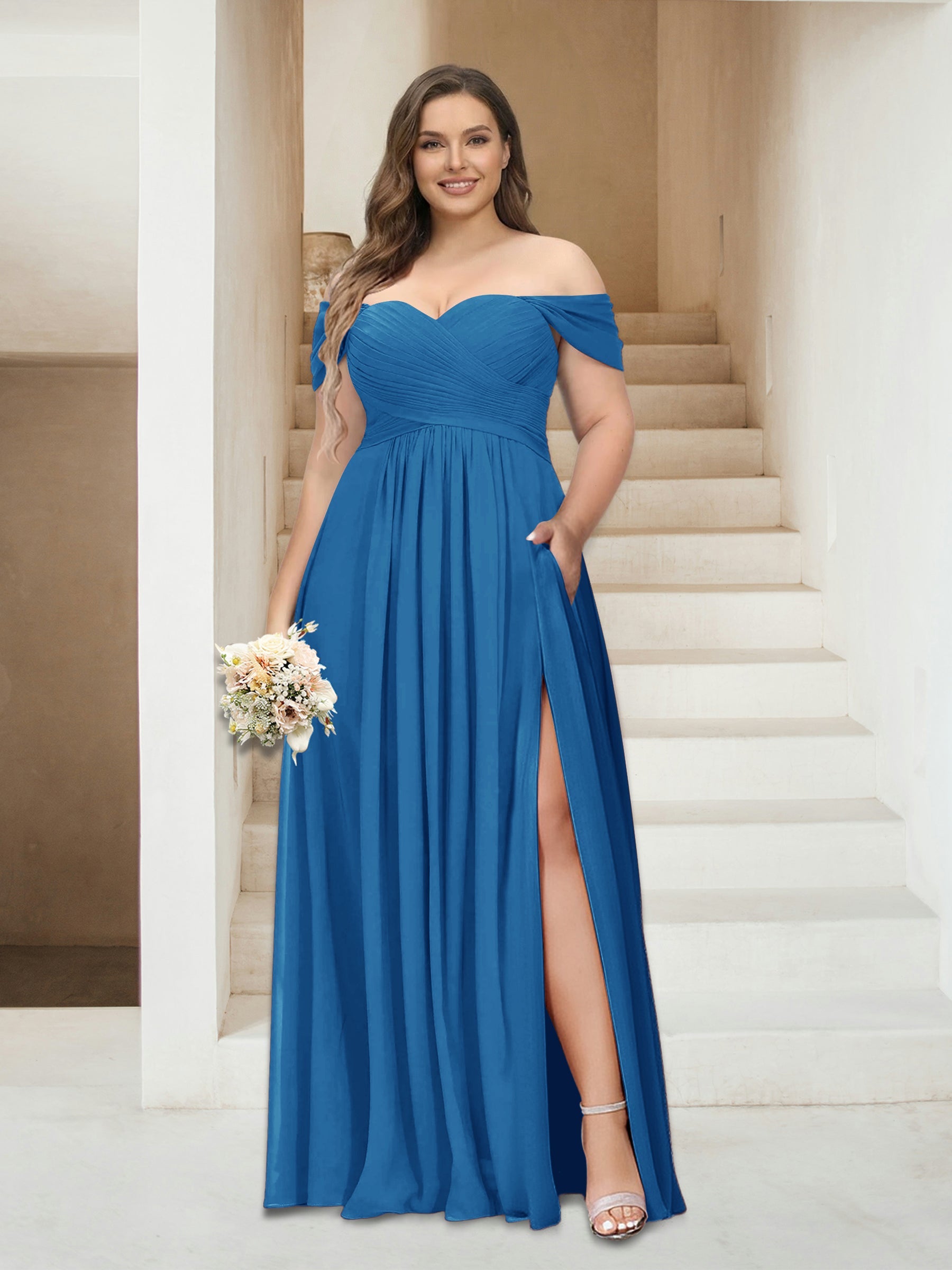 A-Line/Princess Off-the-Shoulder Sleeveless Chiffon Plus Size Bridesmaid Dresses with Pockets Ocean Blue