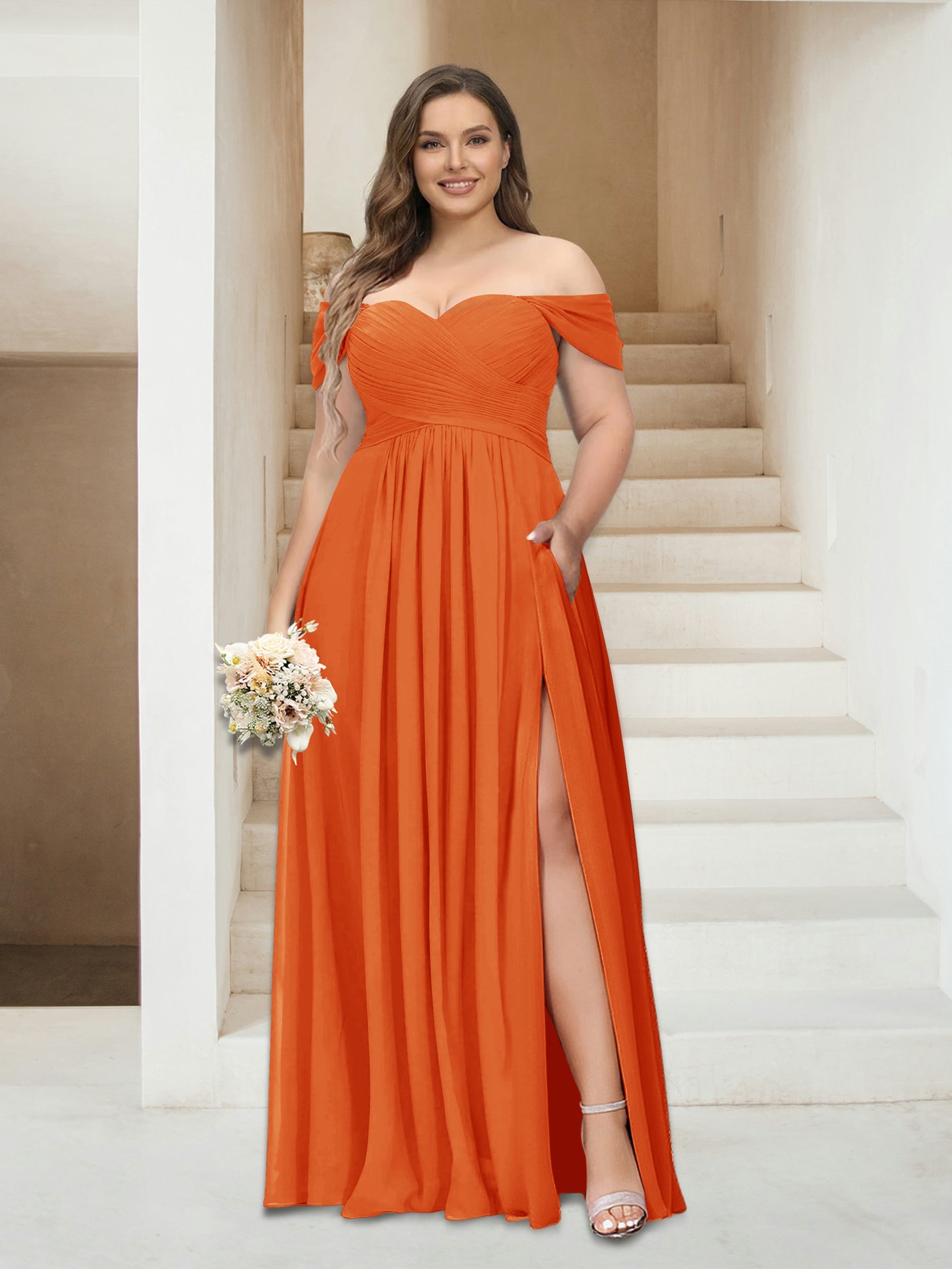 A-Line/Princess Off-the-Shoulder Sleeveless Chiffon Plus Size Bridesmaid Dresses with Pockets Orange