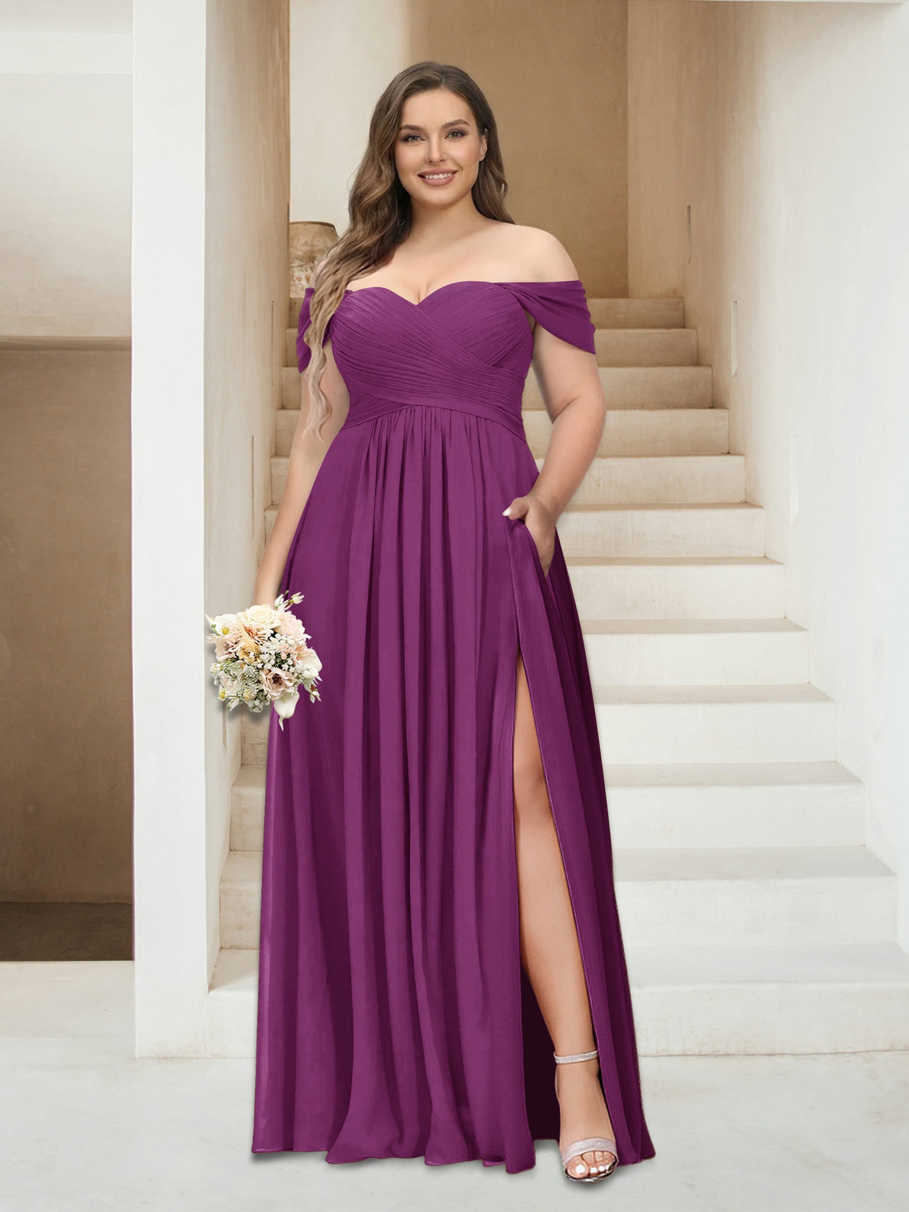 A-Line/Princess Off-the-Shoulder Sleeveless Chiffon Plus Size Bridesmaid Dresses with Pockets Orchid