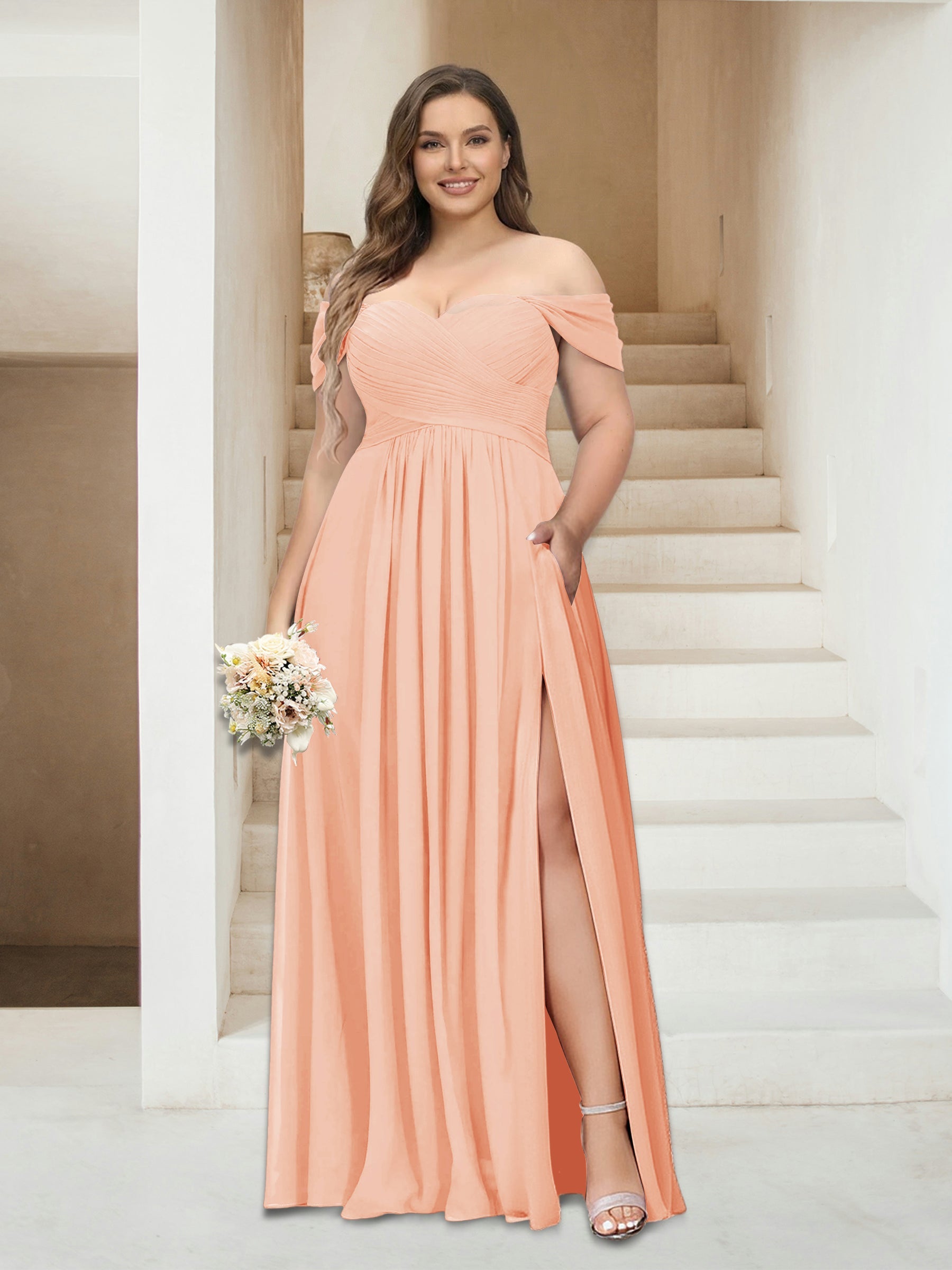 A-Line/Princess Off-the-Shoulder Sleeveless Chiffon Plus Size Bridesmaid Dresses with Pockets Peach Pink