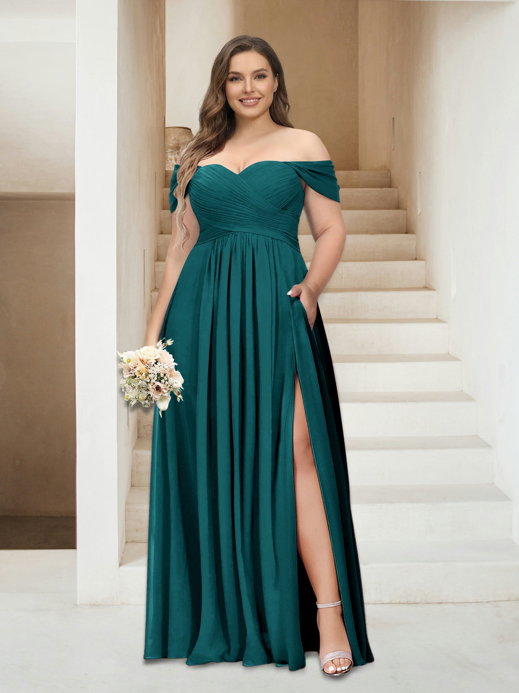 A-Line/Princess Off-the-Shoulder Sleeveless Chiffon Plus Size Bridesmaid Dresses with Pockets Peacock
