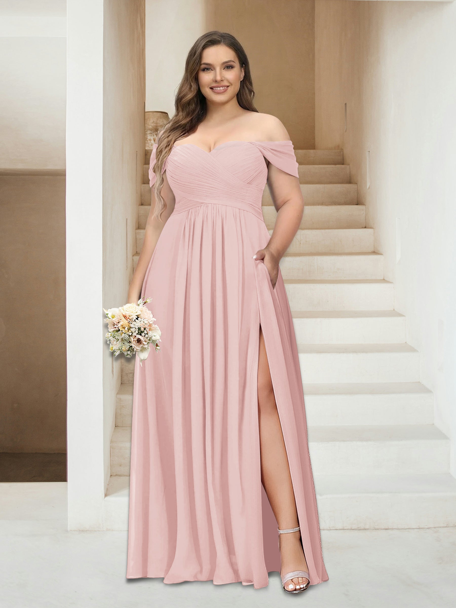A-Line/Princess Off-the-Shoulder Sleeveless Chiffon Plus Size Bridesmaid Dresses with Pockets Pearl Pink