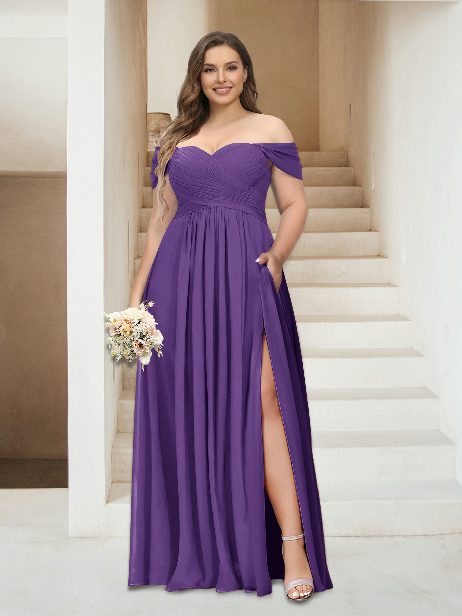 A-Line/Princess Off-the-Shoulder Sleeveless Chiffon Plus Size Bridesmaid Dresses with Pockets Purple
