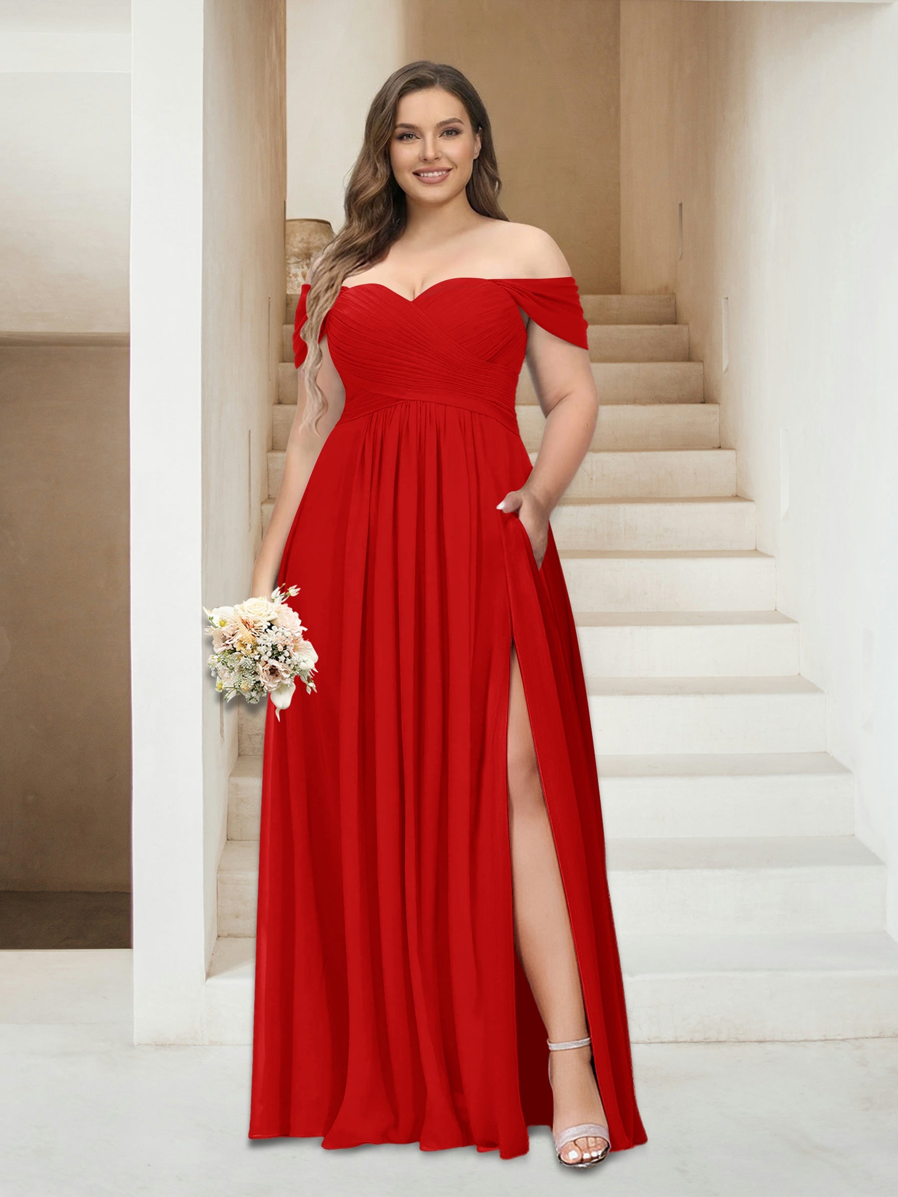 A-Line/Princess Off-the-Shoulder Sleeveless Chiffon Plus Size Bridesmaid Dresses with Pockets Red