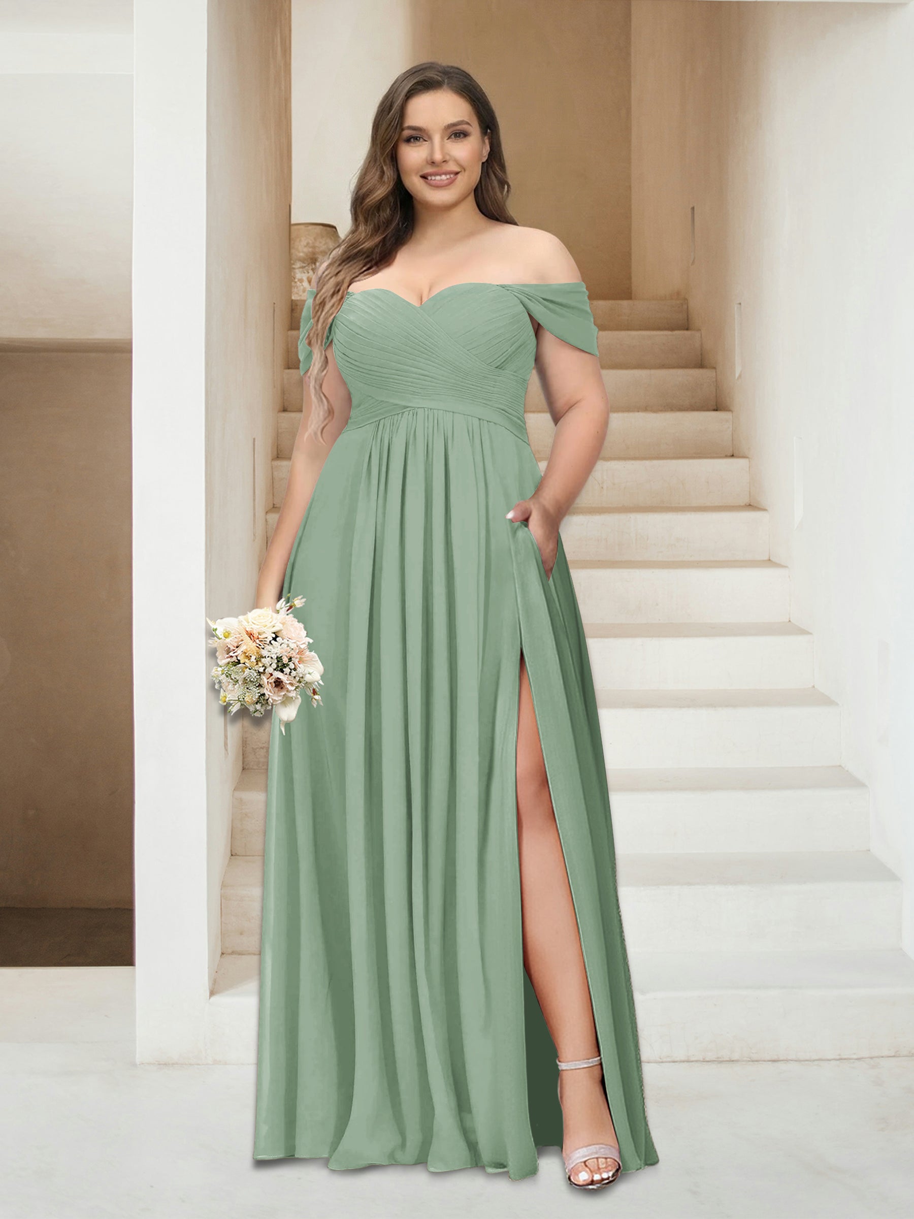A-Line/Princess Off-the-Shoulder Sleeveless Chiffon Plus Size Bridesmaid Dresses with Pockets Sage