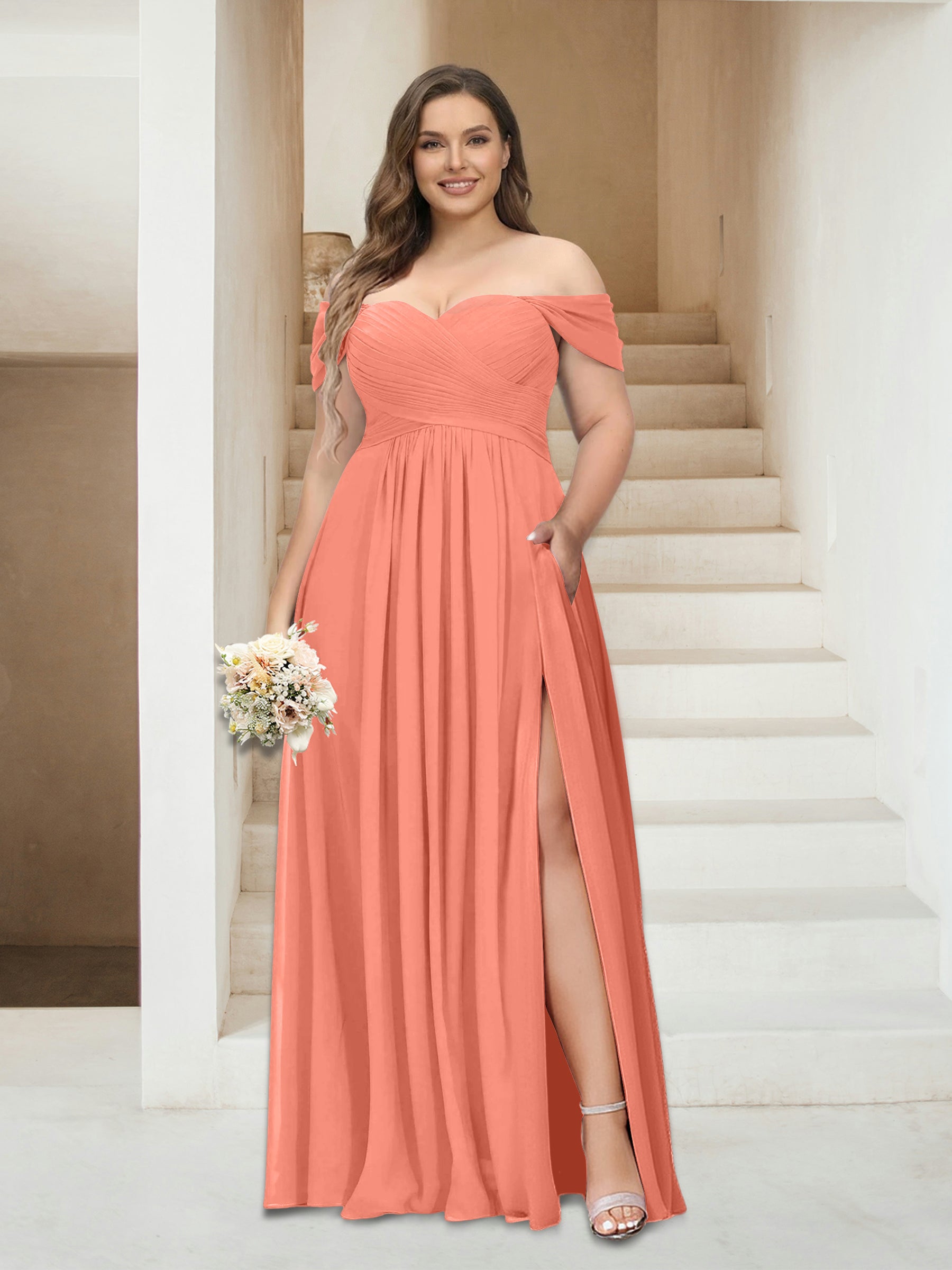 A-Line/Princess Off-the-Shoulder Sleeveless Chiffon Plus Size Bridesmaid Dresses with Pockets Salmon