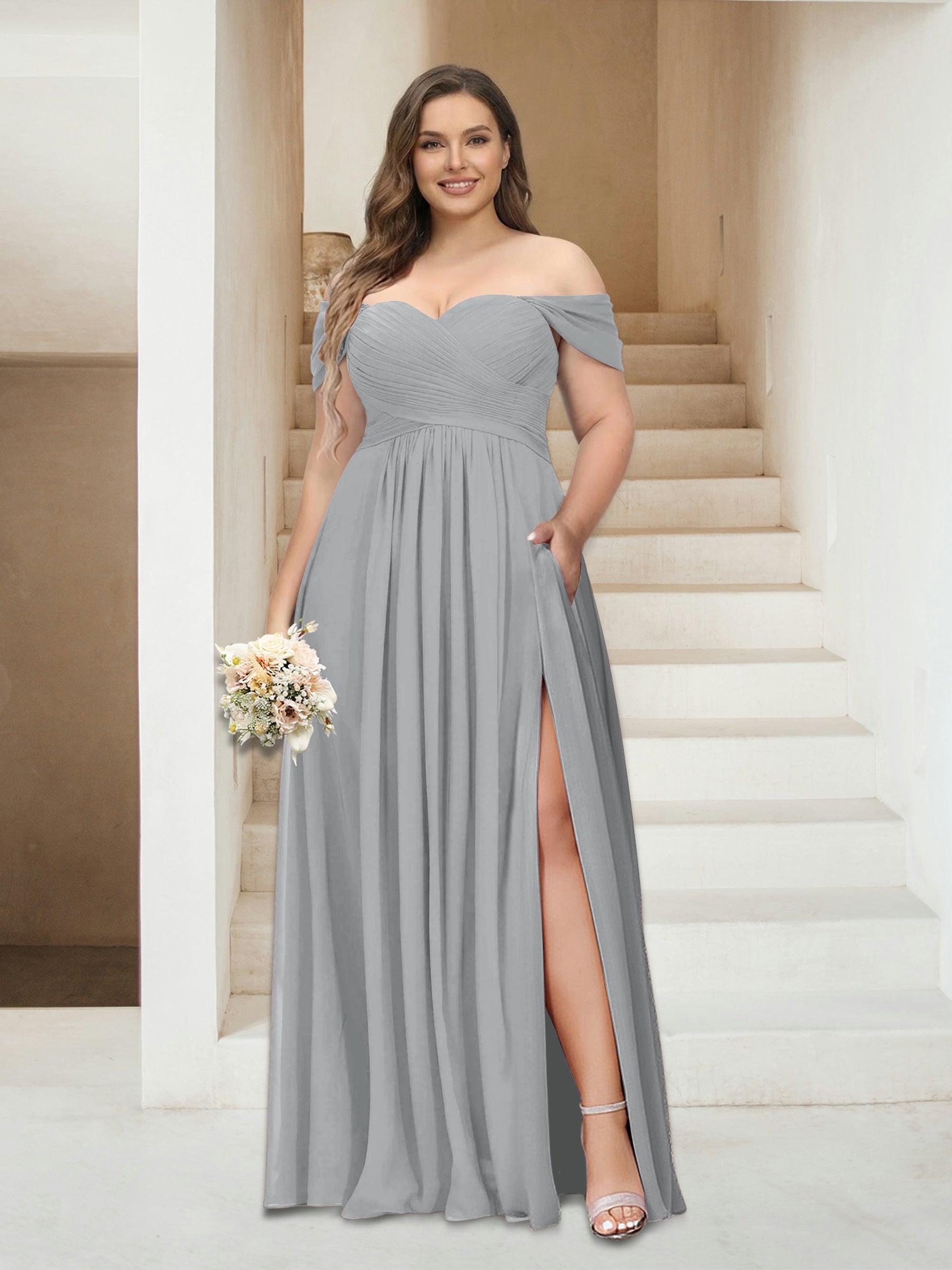A-Line/Princess Off-the-Shoulder Sleeveless Chiffon Plus Size Bridesmaid Dresses with Pockets Silver