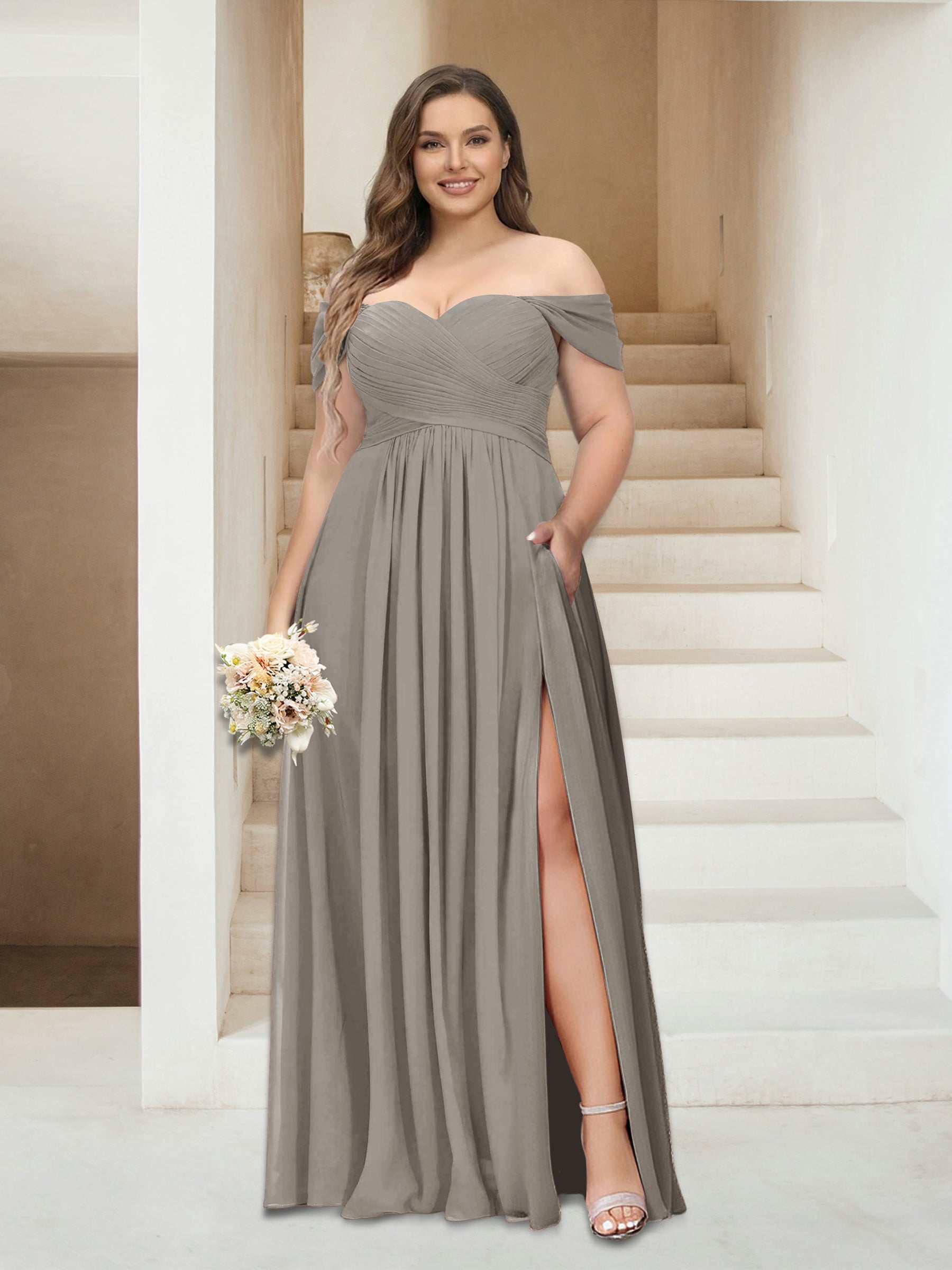 A-Line/Princess Off-the-Shoulder Sleeveless Chiffon Plus Size Bridesmaid Dresses with Pockets Taupe