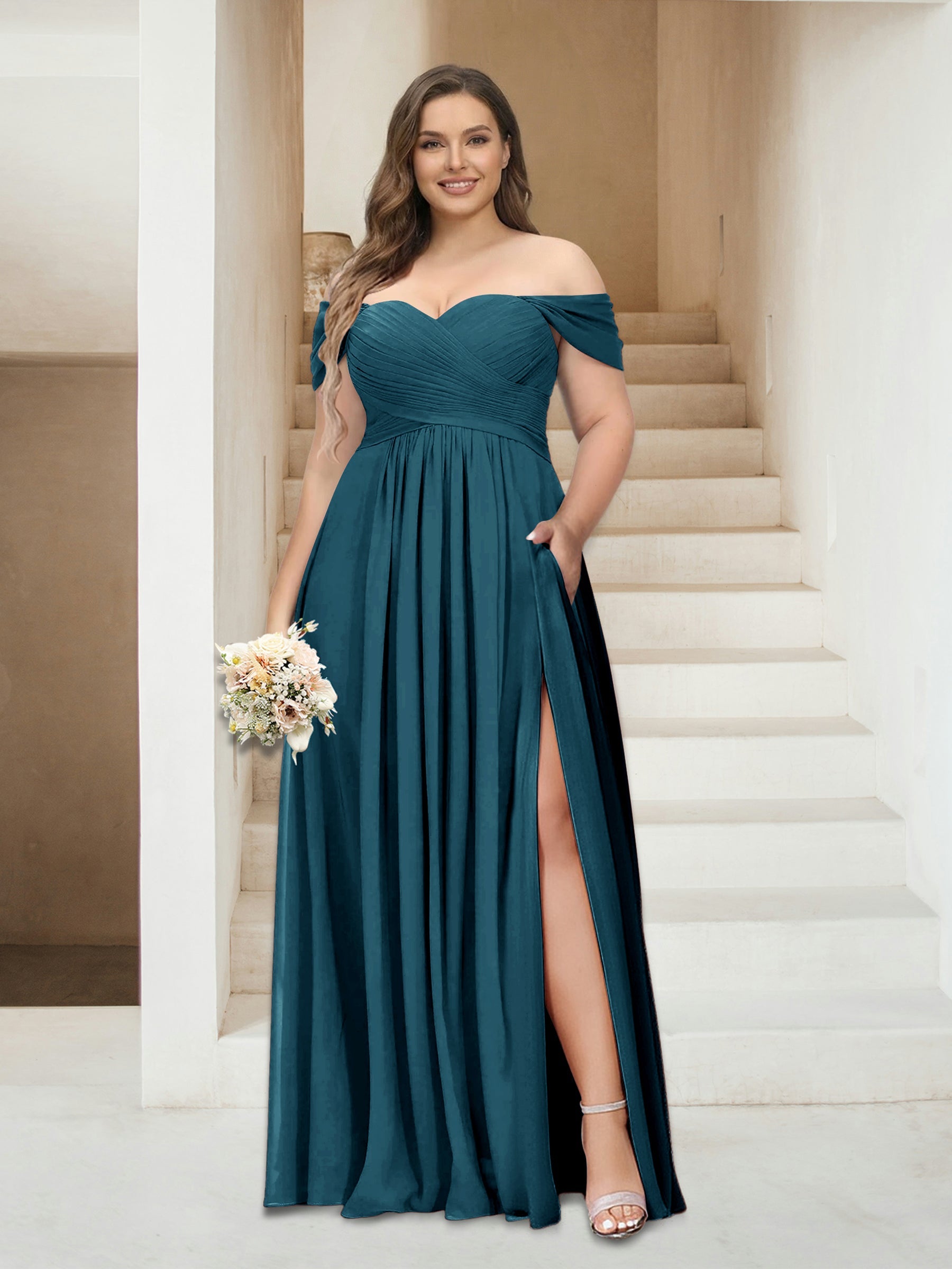 A-Line/Princess Off-the-Shoulder Sleeveless Chiffon Plus Size Bridesmaid Dresses with Pockets Teal