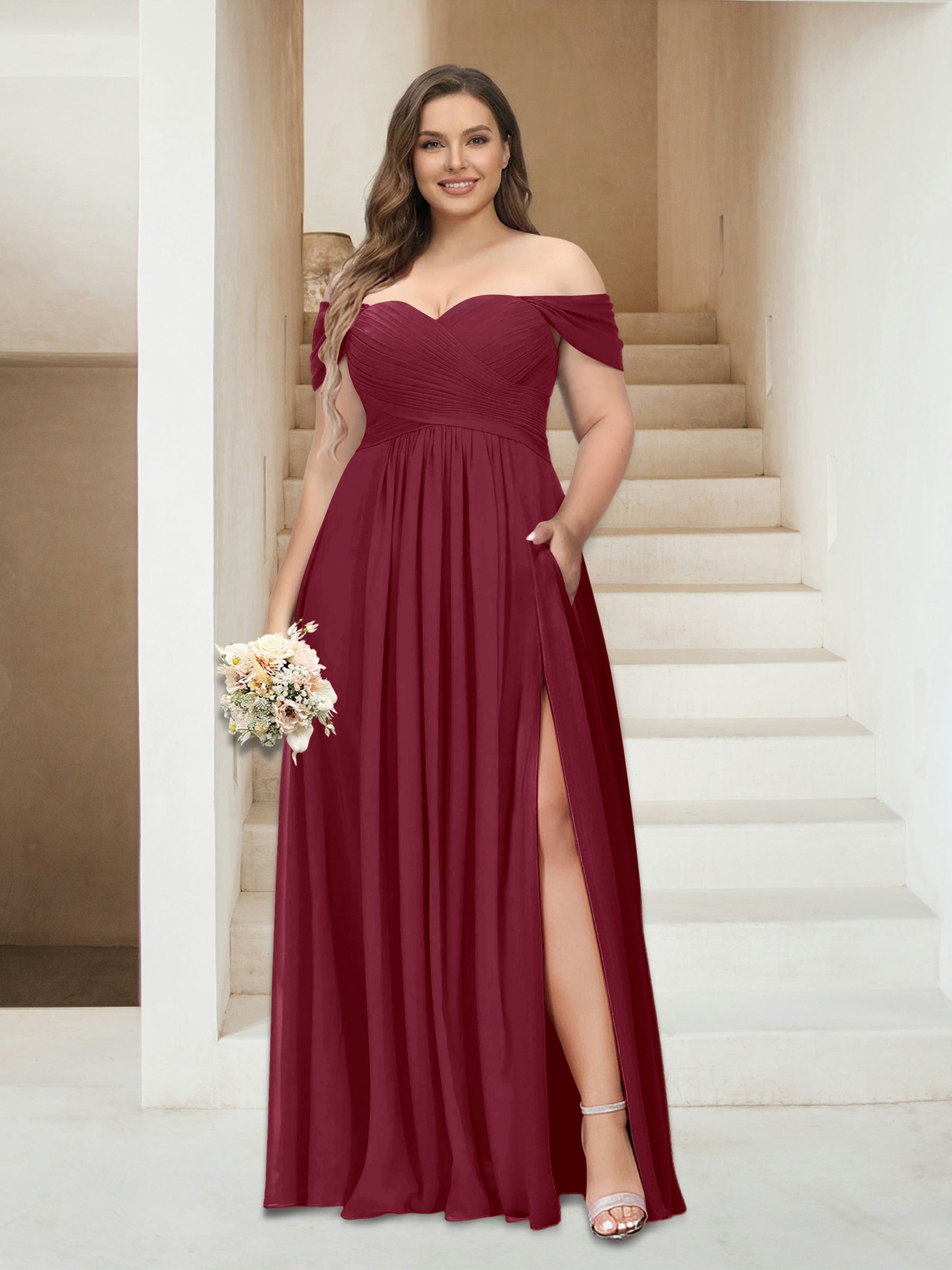 A-Line/Princess Off-the-Shoulder Sleeveless Chiffon Plus Size Bridesmaid Dresses with Pockets Light Burgundy
