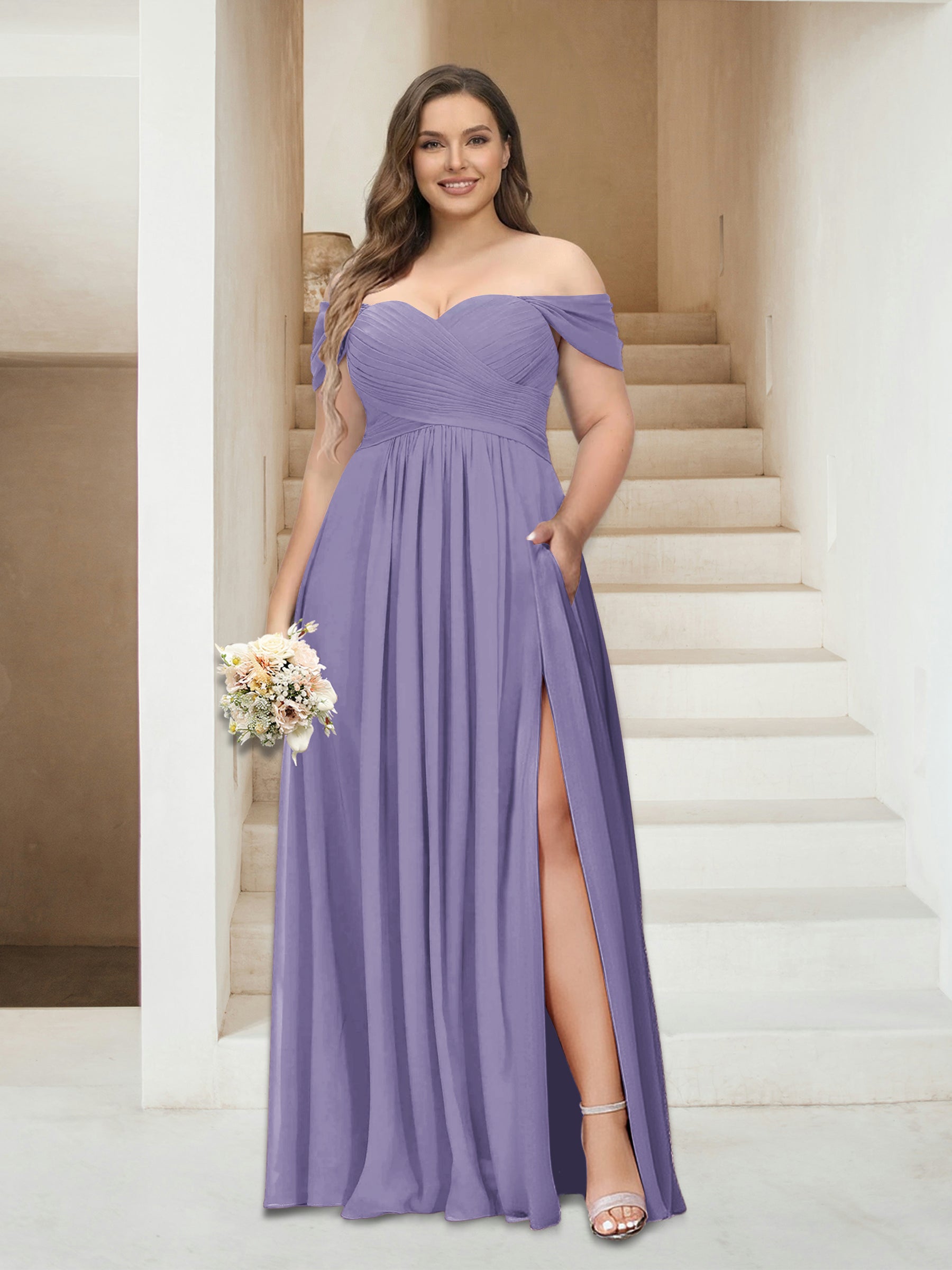 A-Line/Princess Off-the-Shoulder Sleeveless Chiffon Plus Size Bridesmaid Dresses with Pockets Wisteria